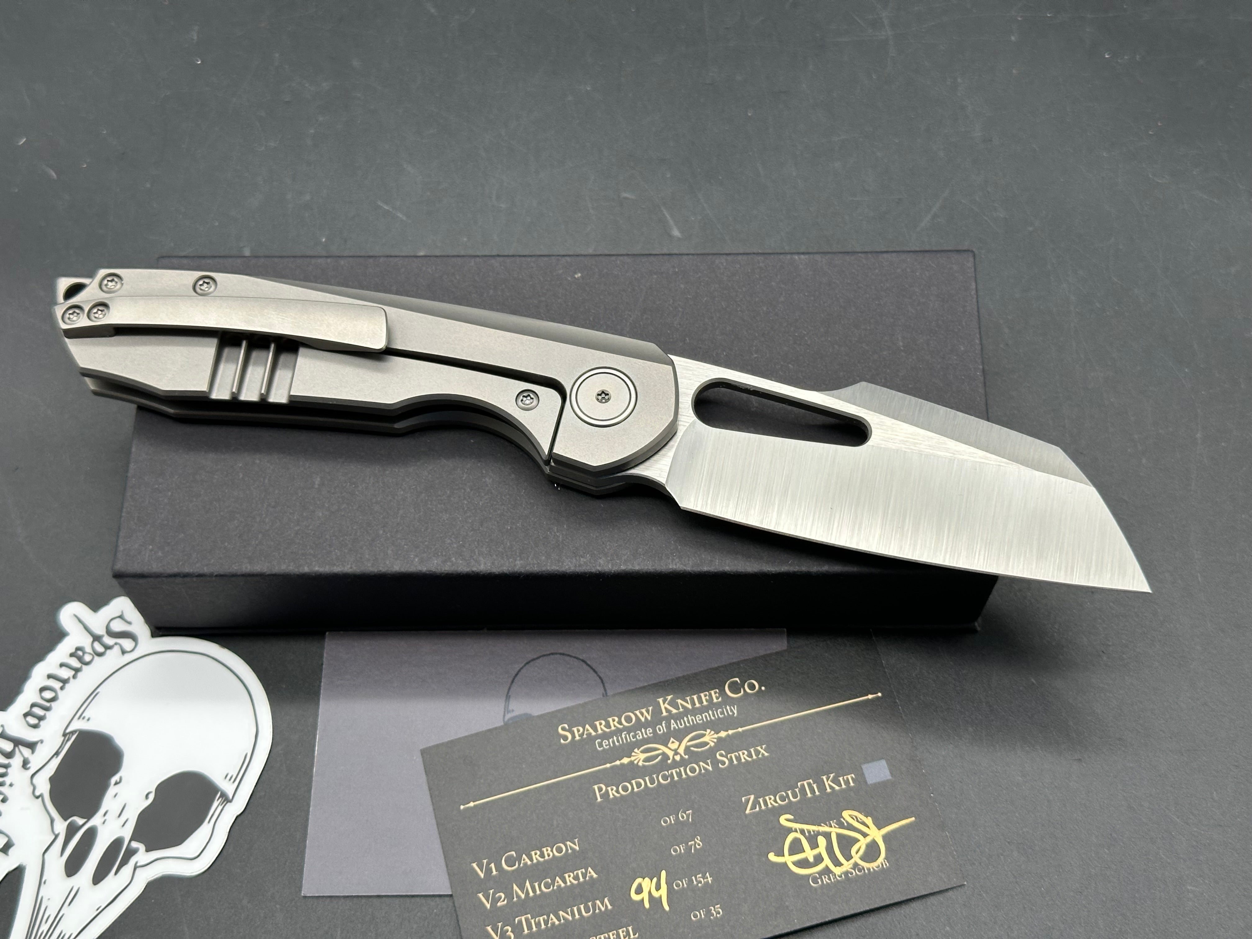 Sparrow Knife Co. Production Strix Round 1 #94 of 154 (V3 Full Ti), Belt Satin Hollow Ground M390 Blade