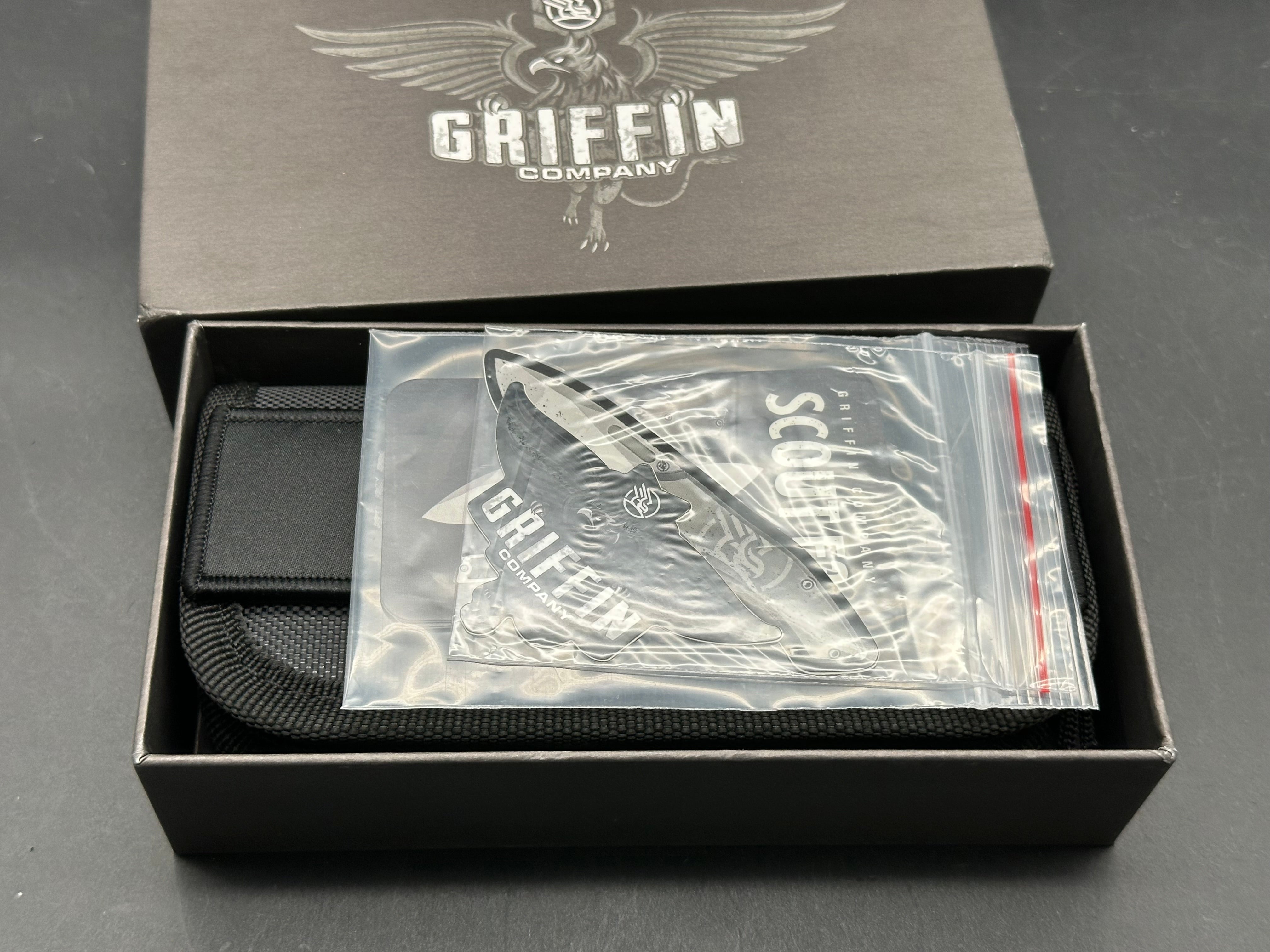 Griffin Company Scout F3 (First Run), Belt Satin M390 Blade, Tumbled Titanium Handles w/Marbled Carbon Fiber Inlays