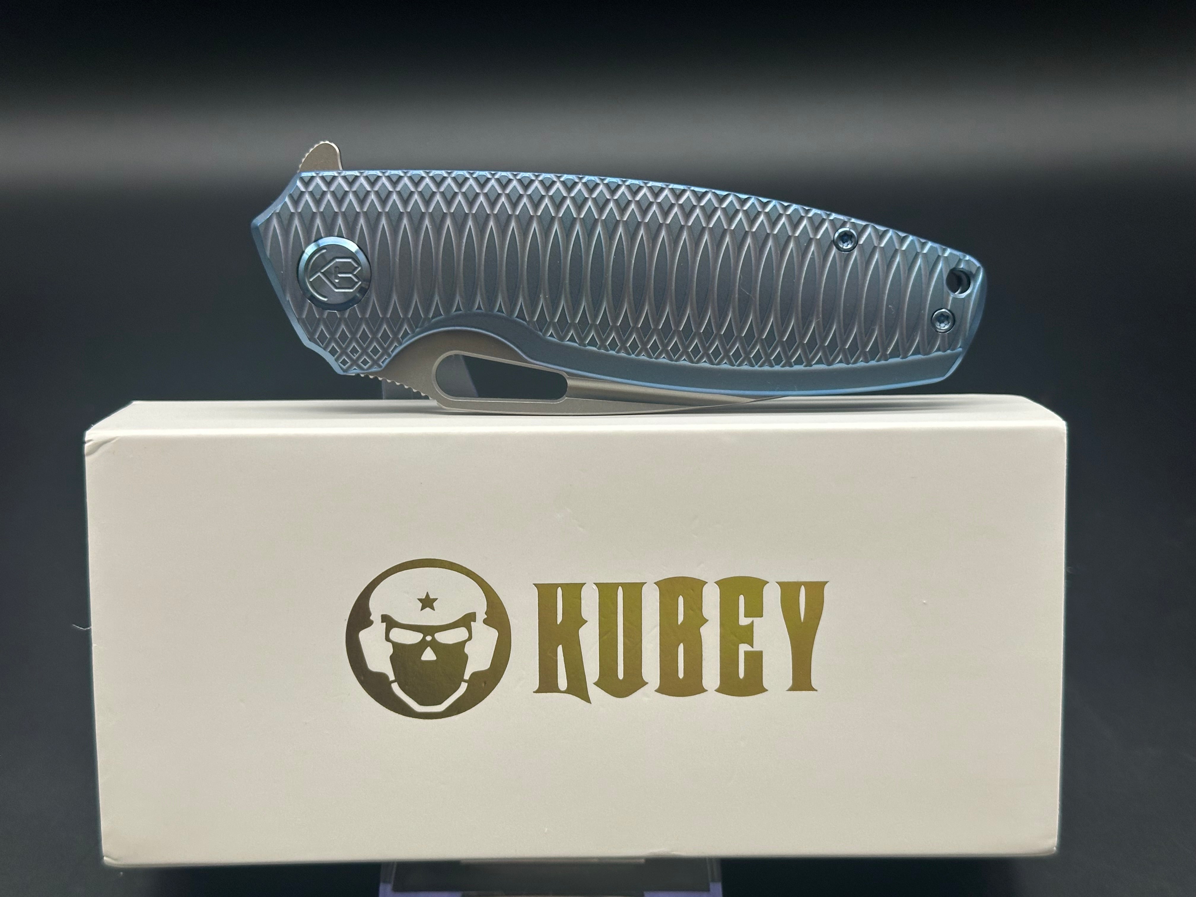 KUBEY TITYUS FRAME LOCK FOLDING KNIFE BLUE TITANIUM HANDLE 14C28N DROP POINT PLAIN EDGE BEAD BLAST FINISH