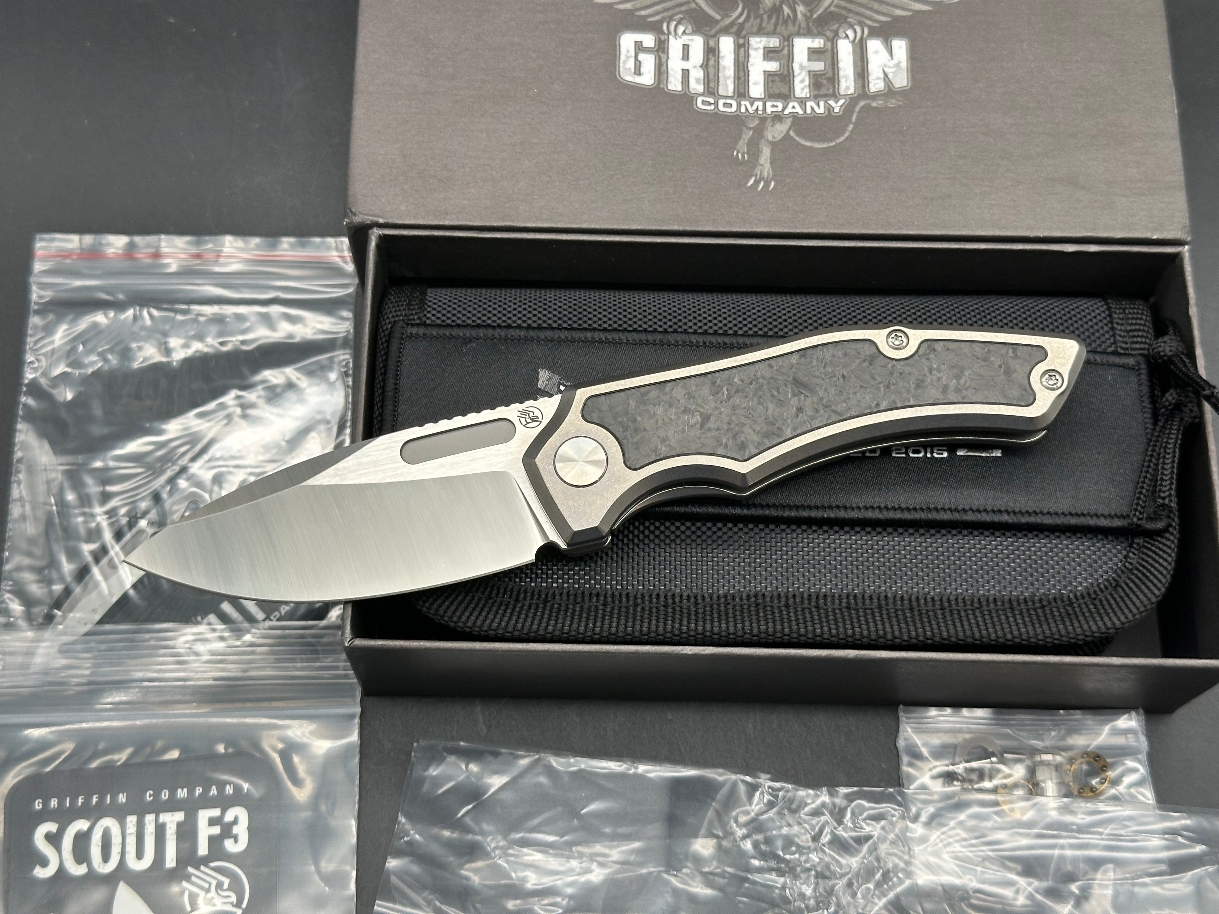 Griffin Company Scout F3 (First Run), Belt Satin M390 Blade, Tumbled Titanium Handles w/Marbled Carbon Fiber Inlays