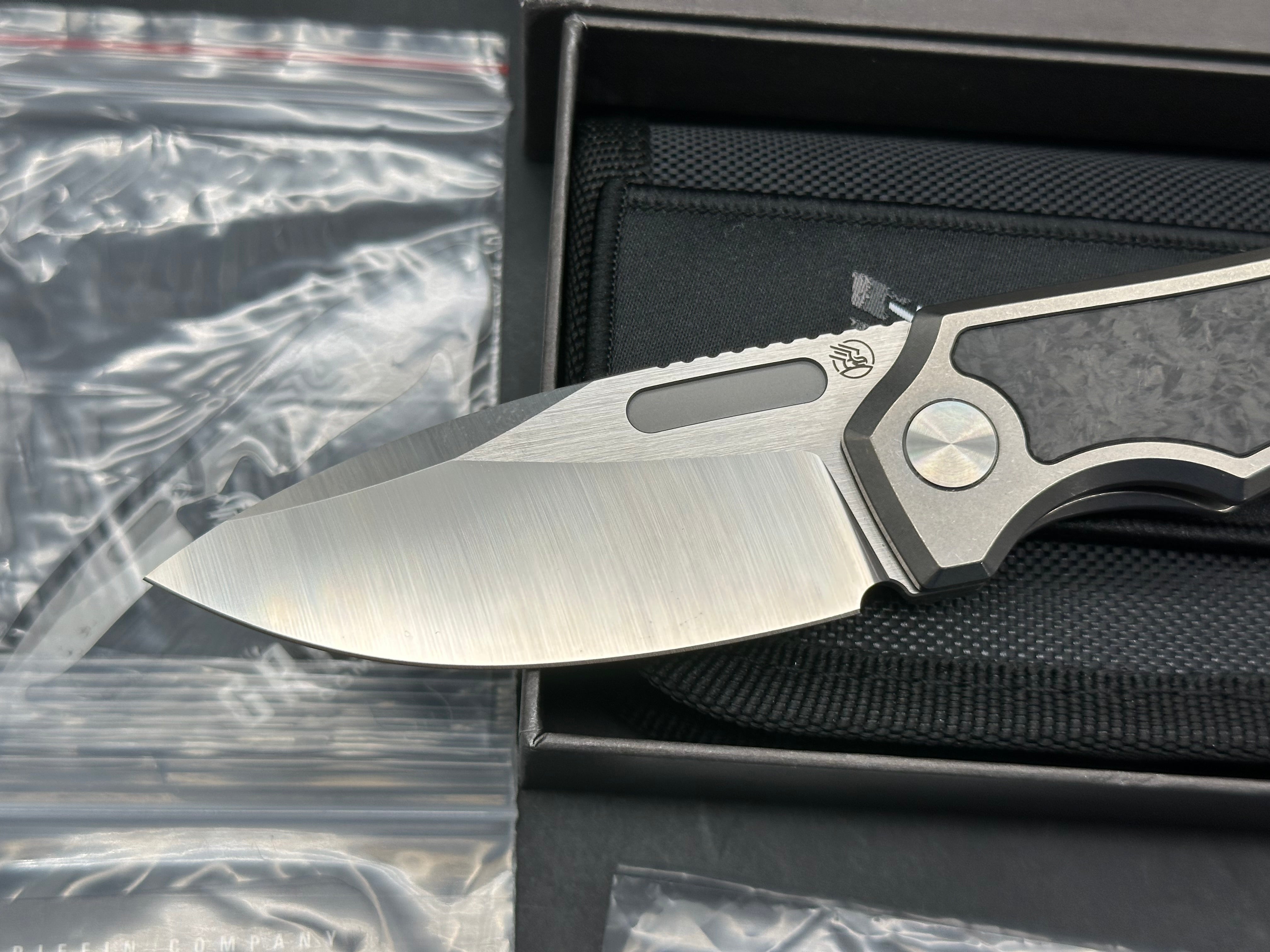 Griffin Company Scout F3 (First Run), Belt Satin M390 Blade, Tumbled Titanium Handles w/Marbled Carbon Fiber Inlays