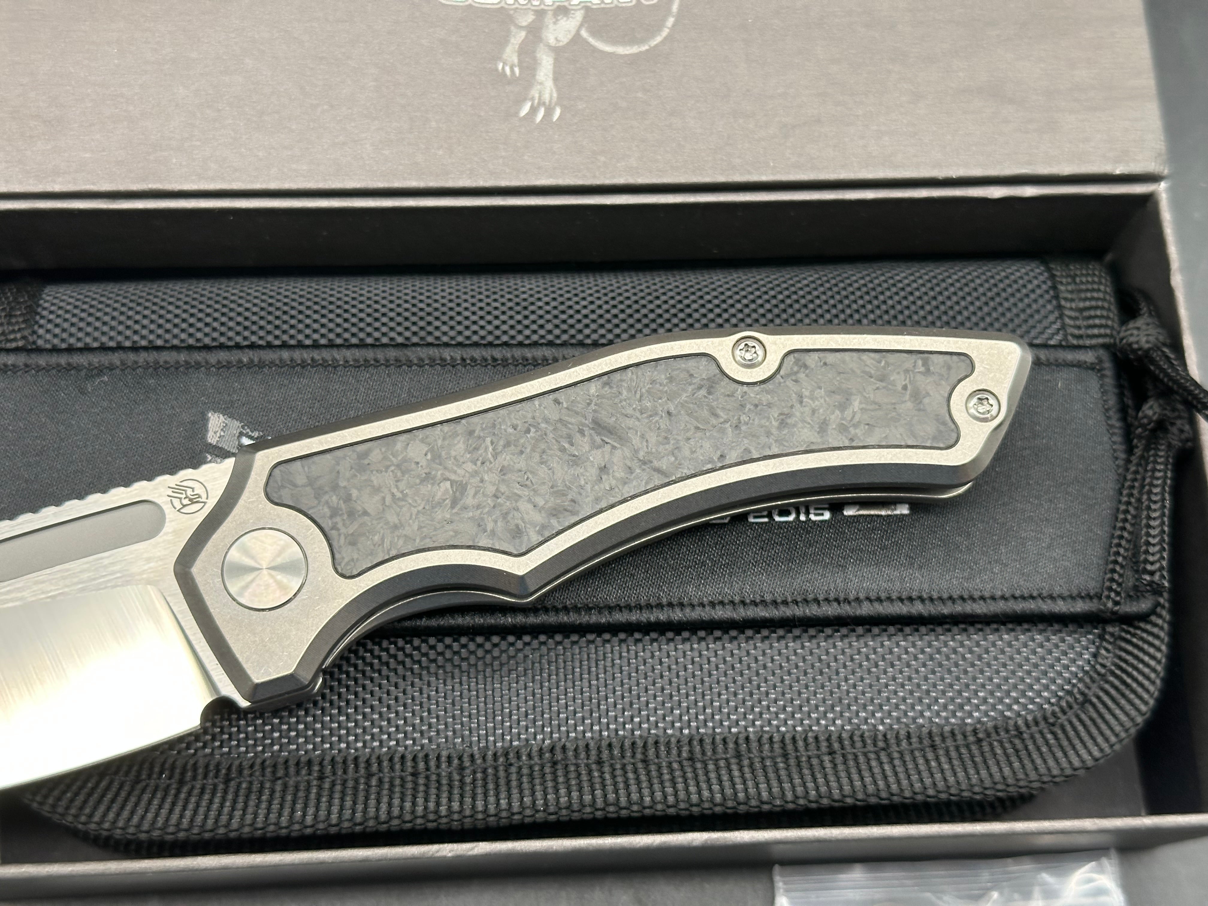 Griffin Company Scout F3 (First Run), Belt Satin M390 Blade, Tumbled Titanium Handles w/Marbled Carbon Fiber Inlays