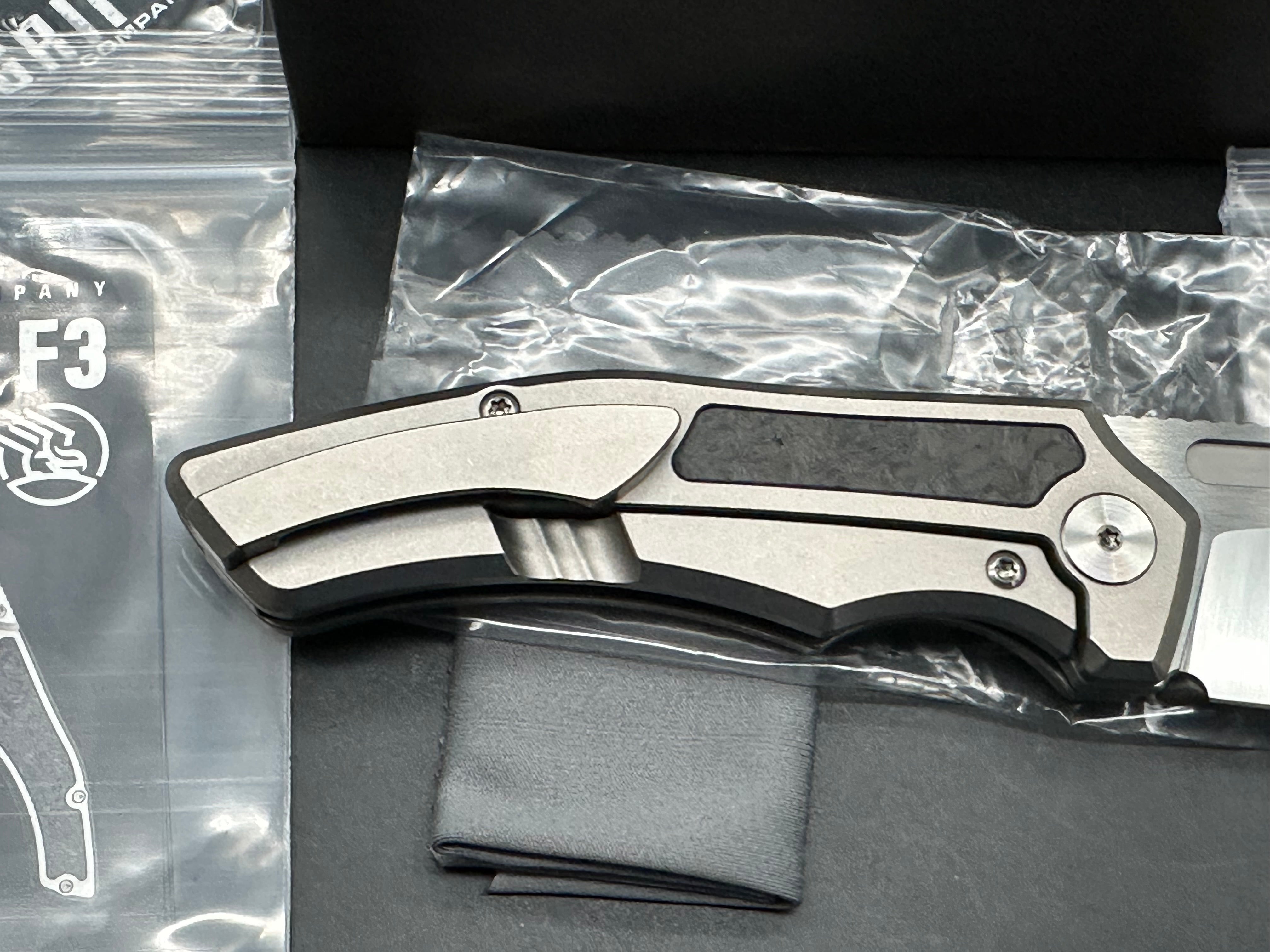 Griffin Company Scout F3 (First Run), Belt Satin M390 Blade, Tumbled Titanium Handles w/Marbled Carbon Fiber Inlays