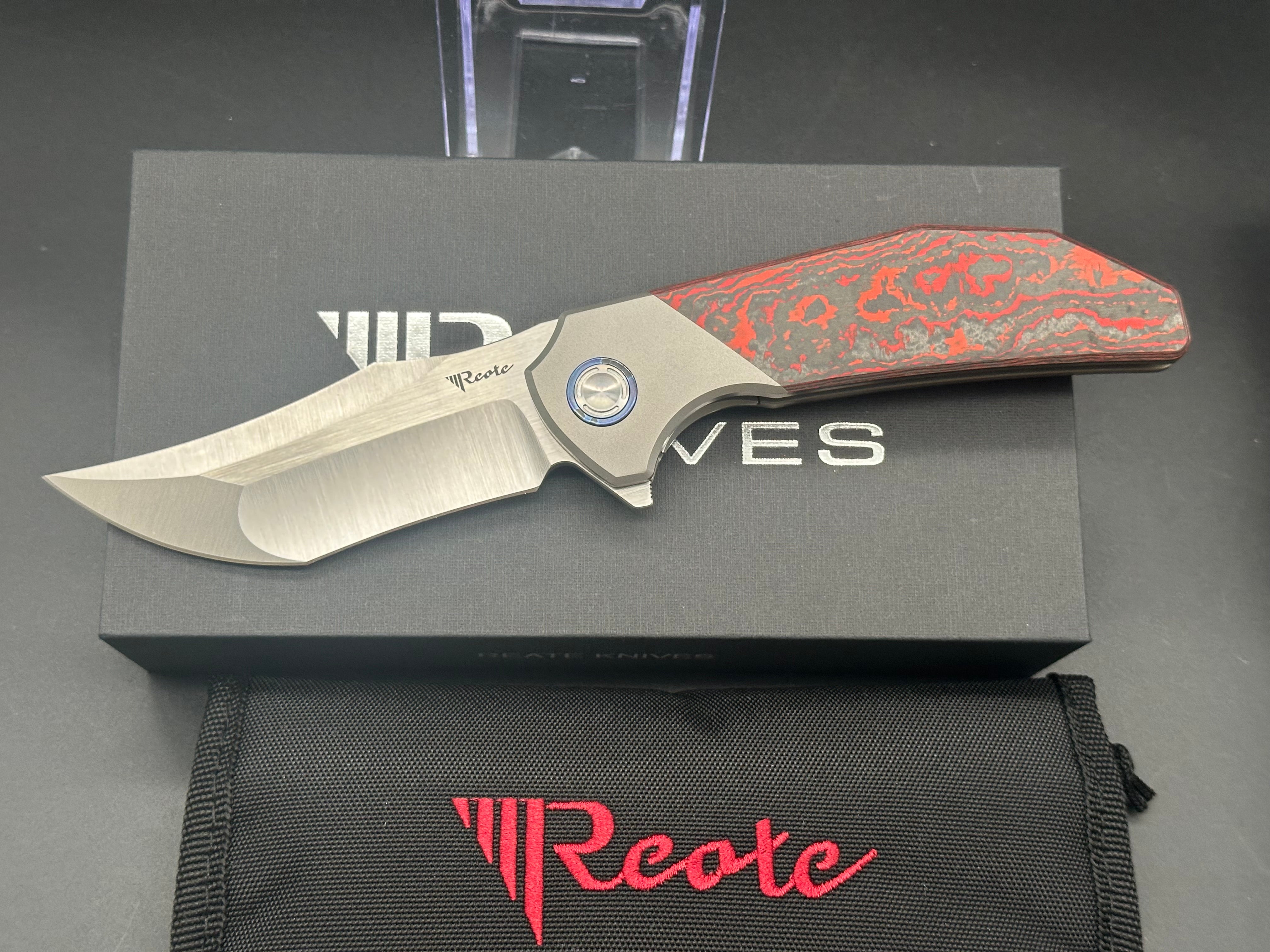 REATE KNIVES TIGER LAVA FLOW FAT CARBON FIBER HANDLE M390 PLAIN EDGE BELT SATIN