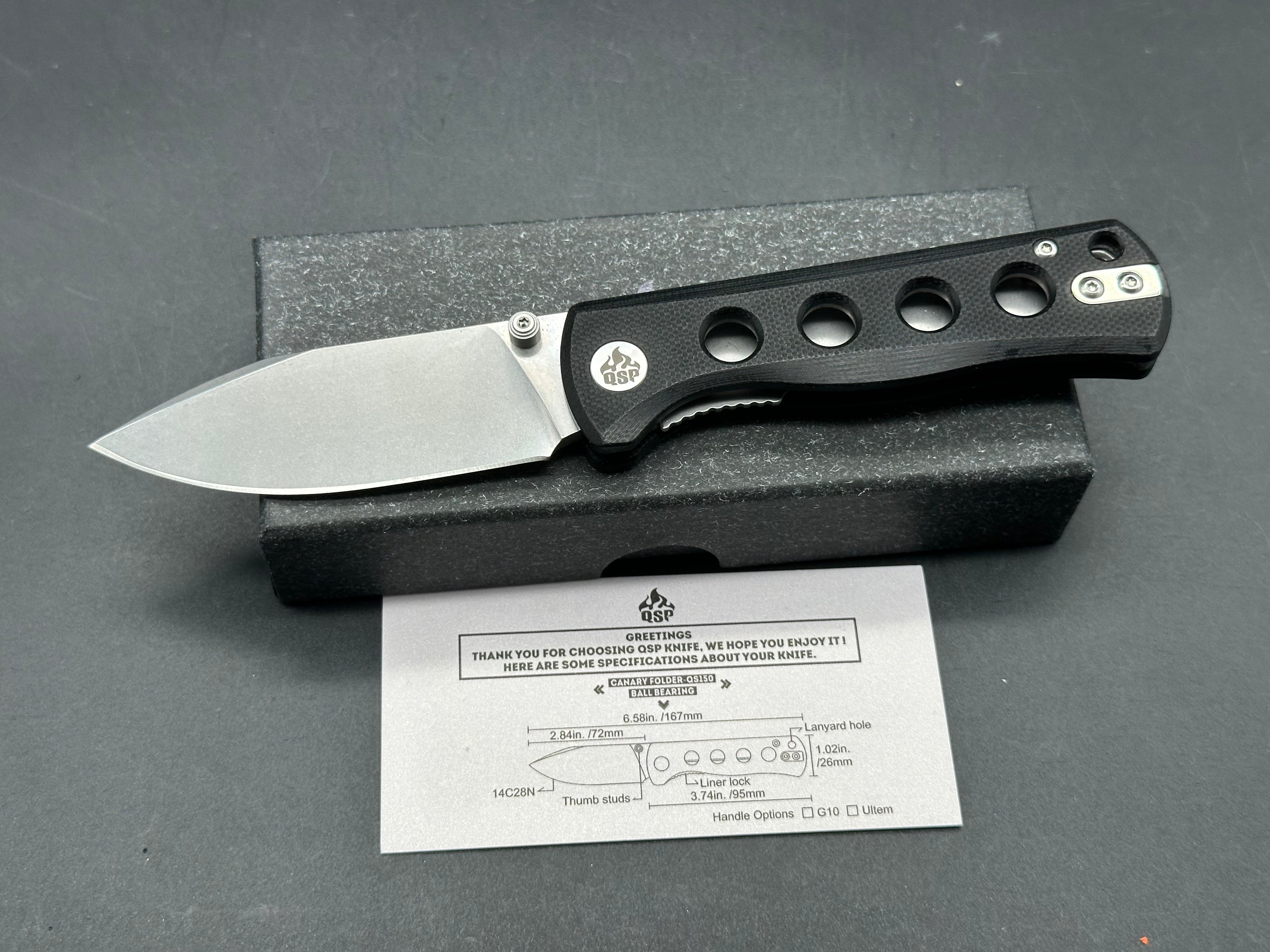 QSP Canary, 2.84" 14C28N Drop Blade with Black G10 Handle