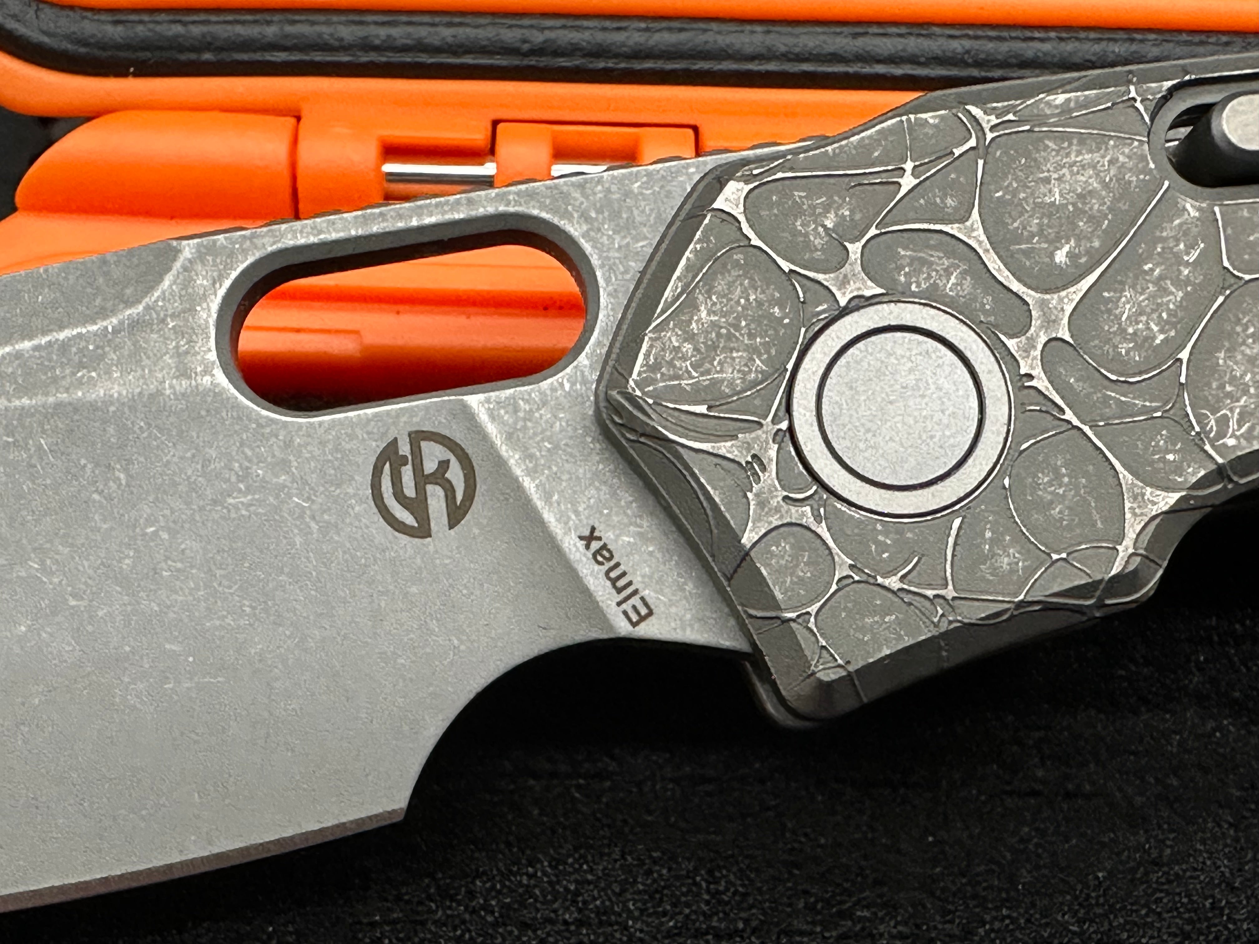 Vosteed Psyop (A2222), Acid Wash/Stonewashed Elmax Blade, Dark Blasted and Tumbled Titanium Handles