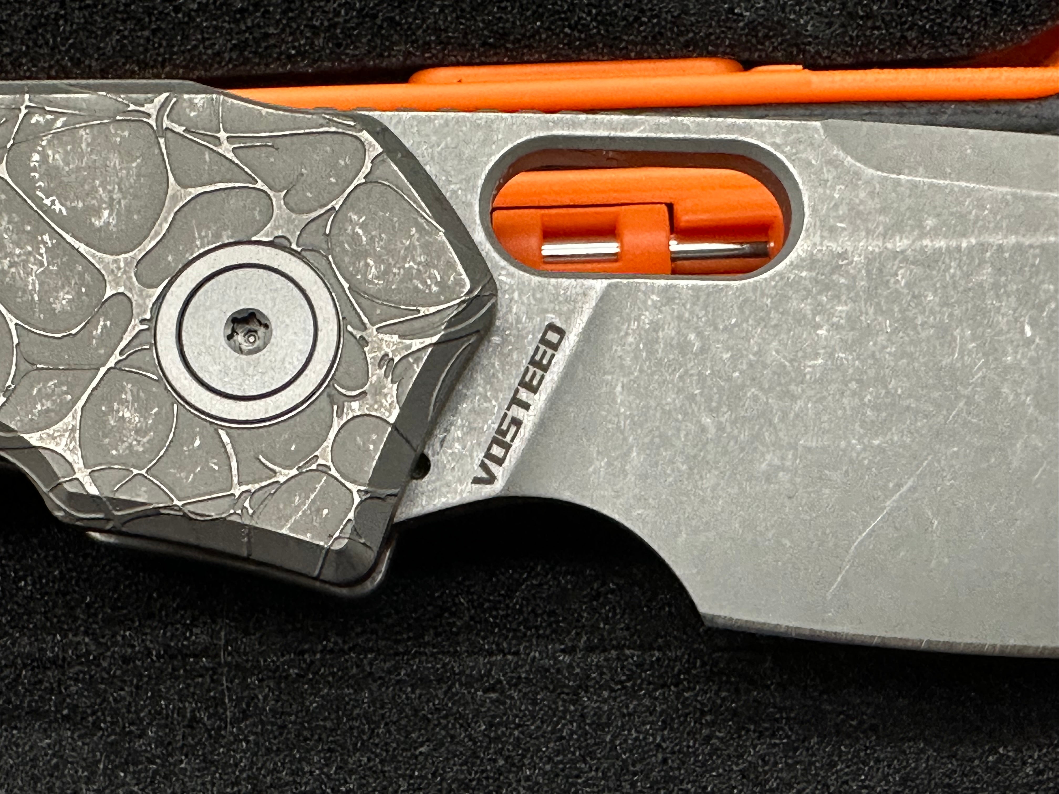 Vosteed Psyop (A2222), Acid Wash/Stonewashed Elmax Blade, Dark Blasted and Tumbled Titanium Handles
