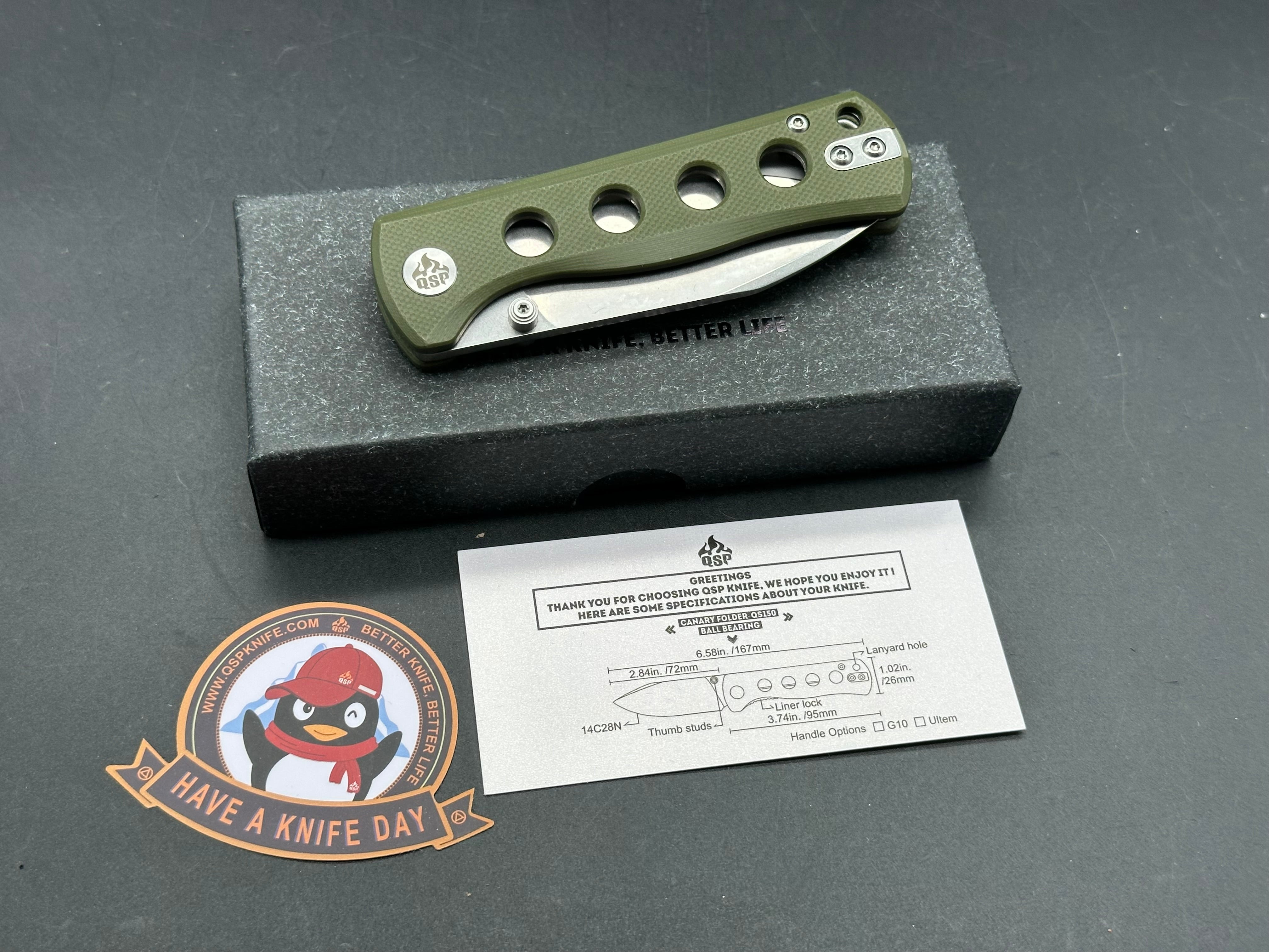 QSP Canary, 2.84" 14C28N Drop Blade with OD Green G10 Handle