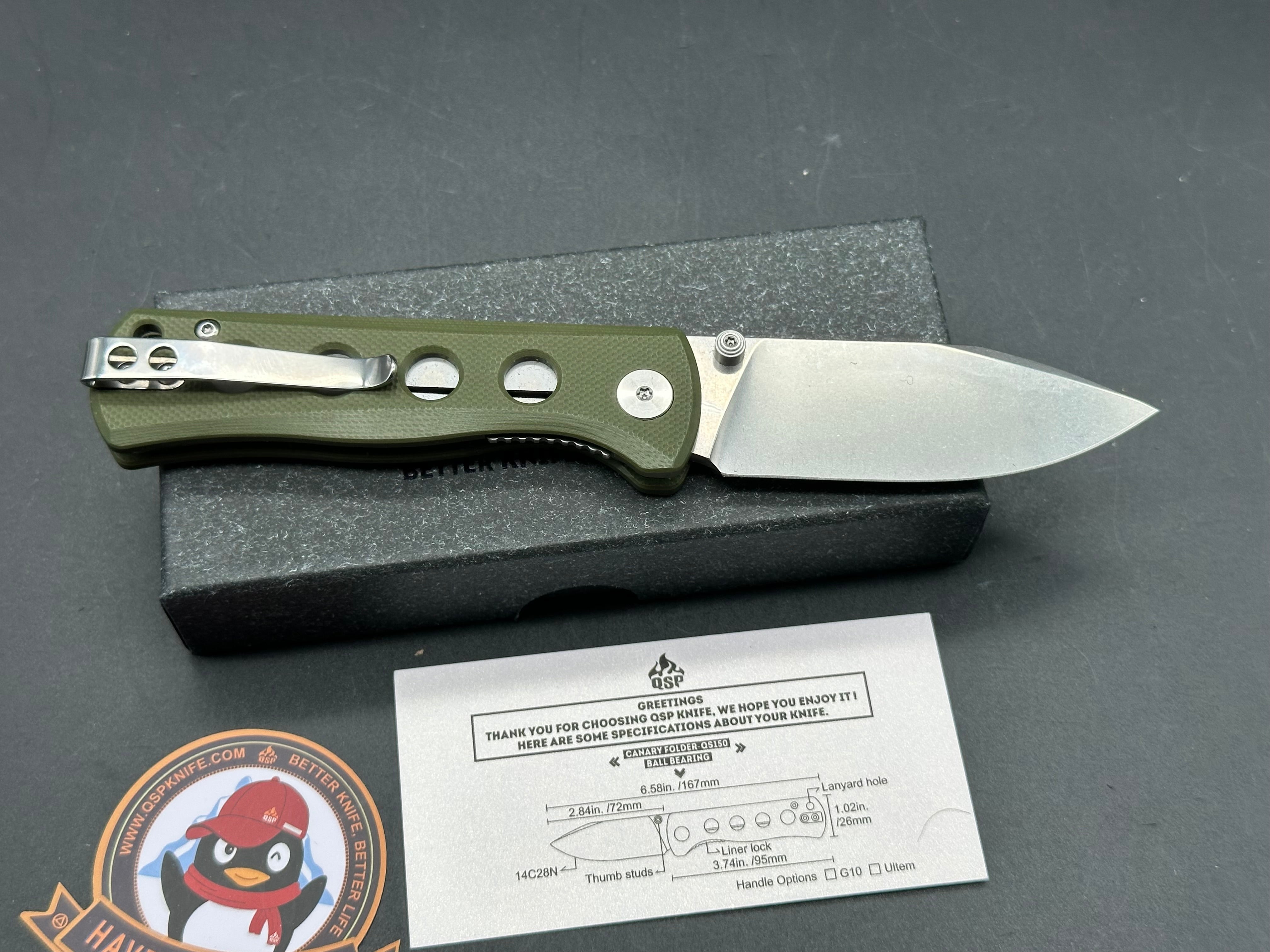 QSP Canary, 2.84" 14C28N Drop Blade with OD Green G10 Handle