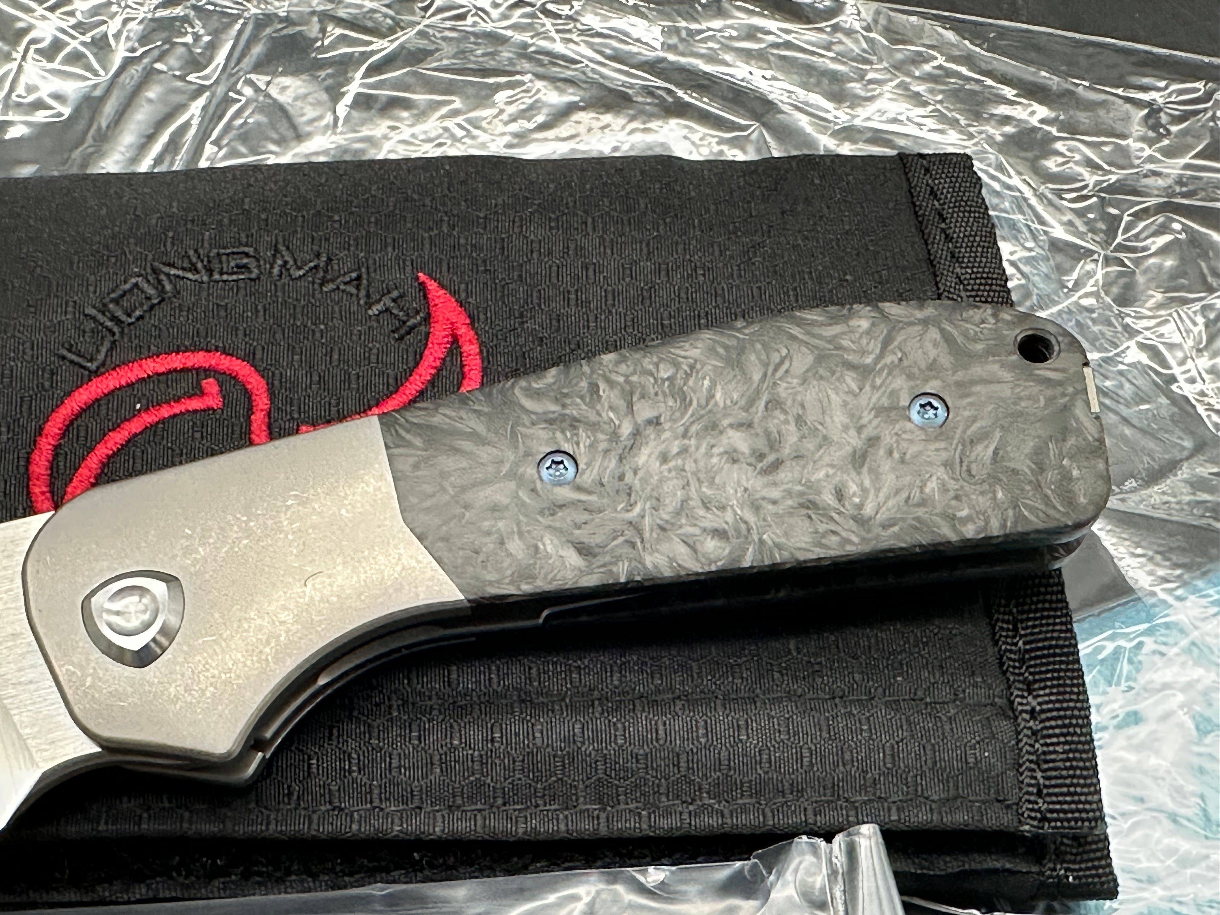 Liong Mah Field Duty 3.5 #18 of 140, Belt Satin S90V Blade, Tumbled Titanium Handles w/Dark Matter Black Carbon Fiber Overlays