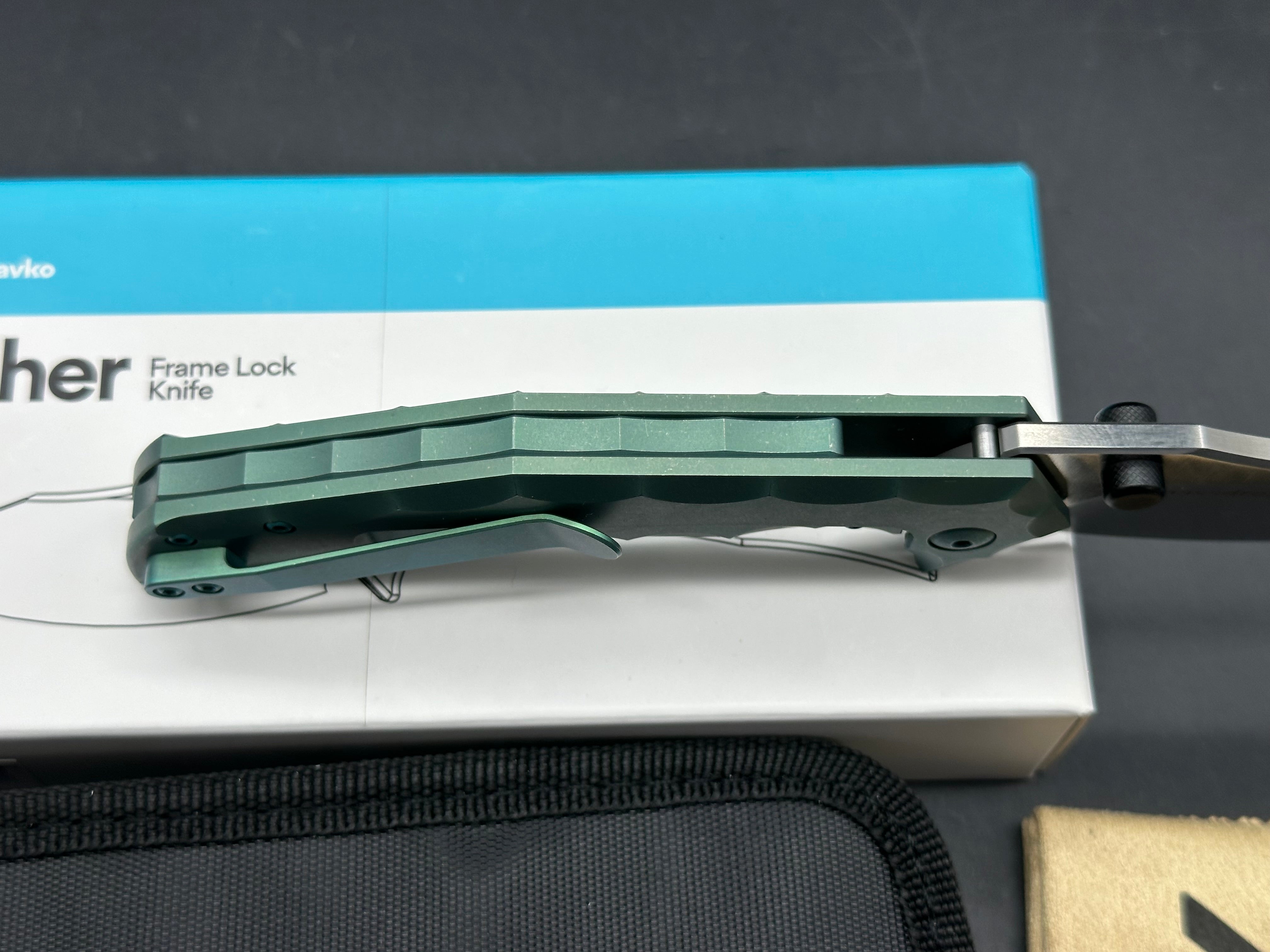 Massdrop x Gavko Thresher, Satin CPM-S35VN Blade, Green Anodized Titanium Handles, Backspacer, Pocket Clip and Hardware
