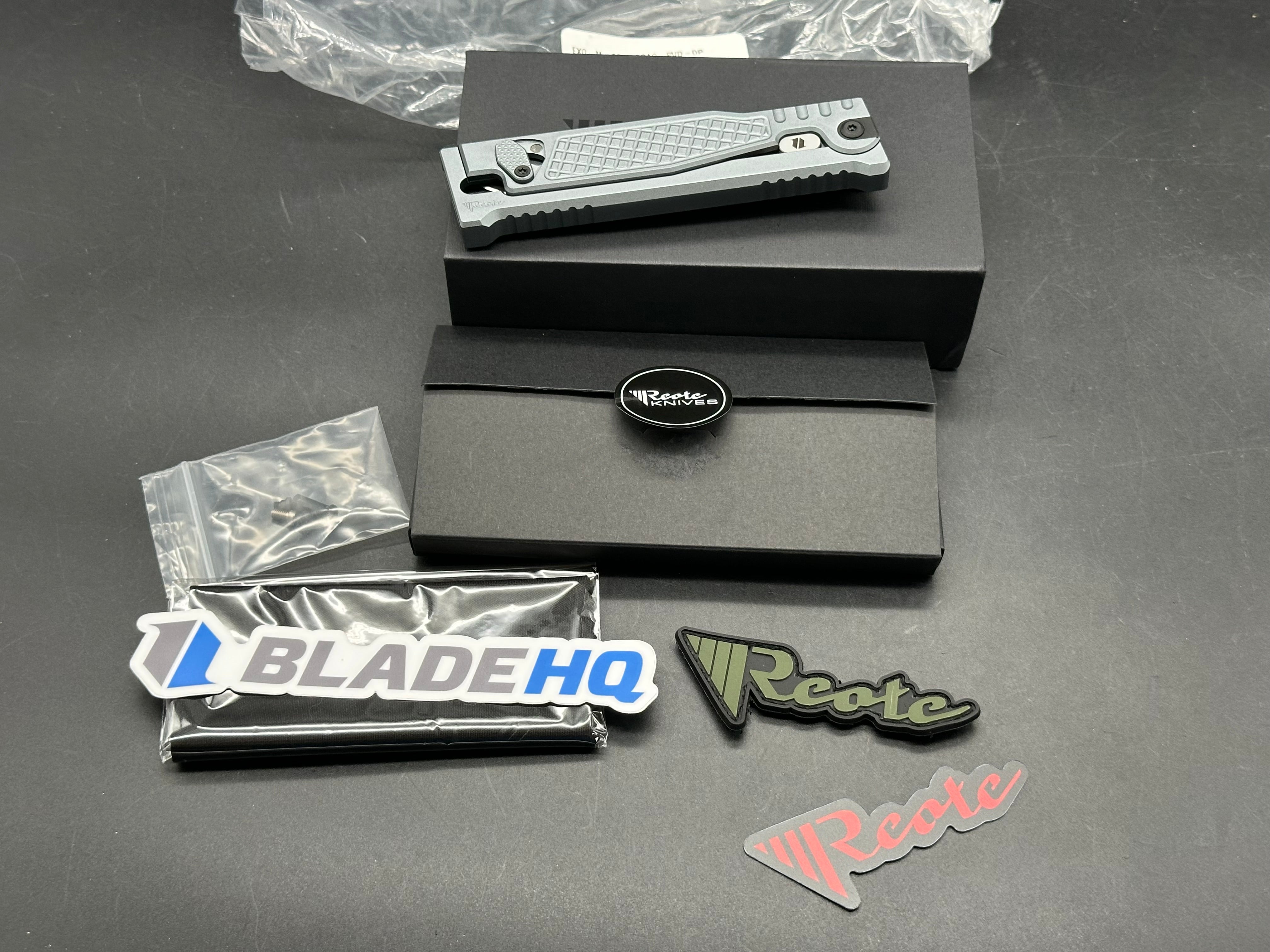 Reate Exo-M Drop Point BladeHQ Exclusive, Black PVD and Satin Two-Tone Elmax Blade, Gray Anodized Aluminum Frag Handles
