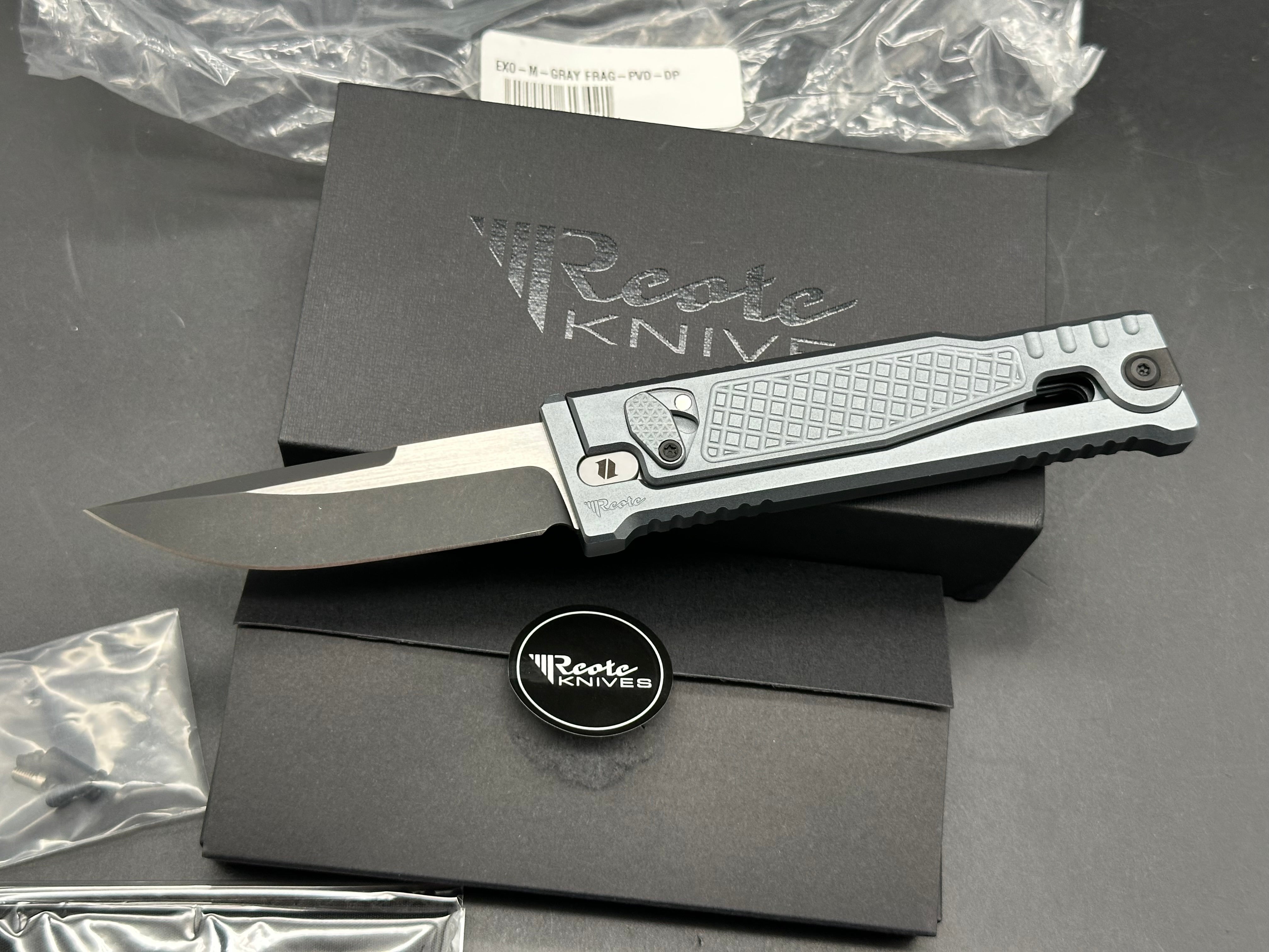 Reate Exo-M Drop Point BladeHQ Exclusive, Black PVD and Satin Two-Tone Elmax Blade, Gray Anodized Aluminum Frag Handles