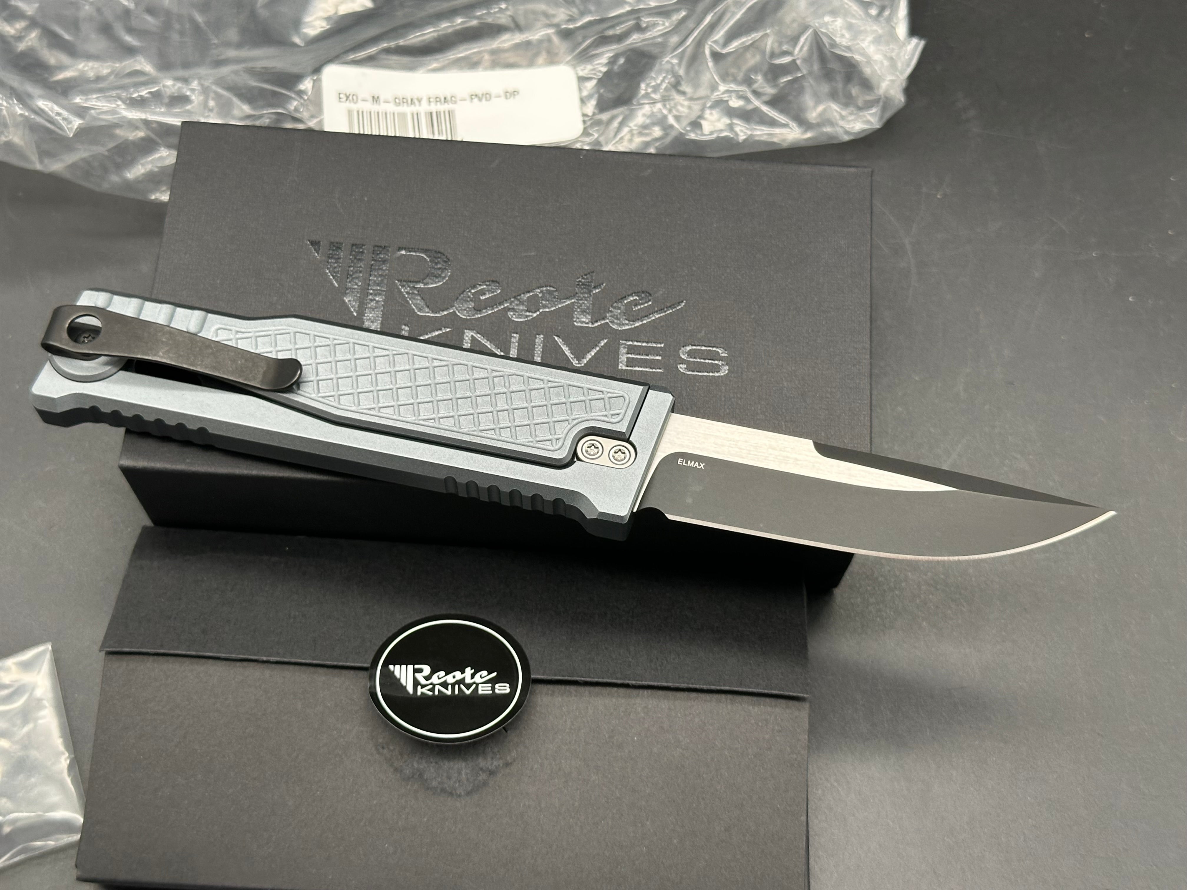 Reate Exo-M Drop Point BladeHQ Exclusive, Black PVD and Satin Two-Tone Elmax Blade, Gray Anodized Aluminum Frag Handles