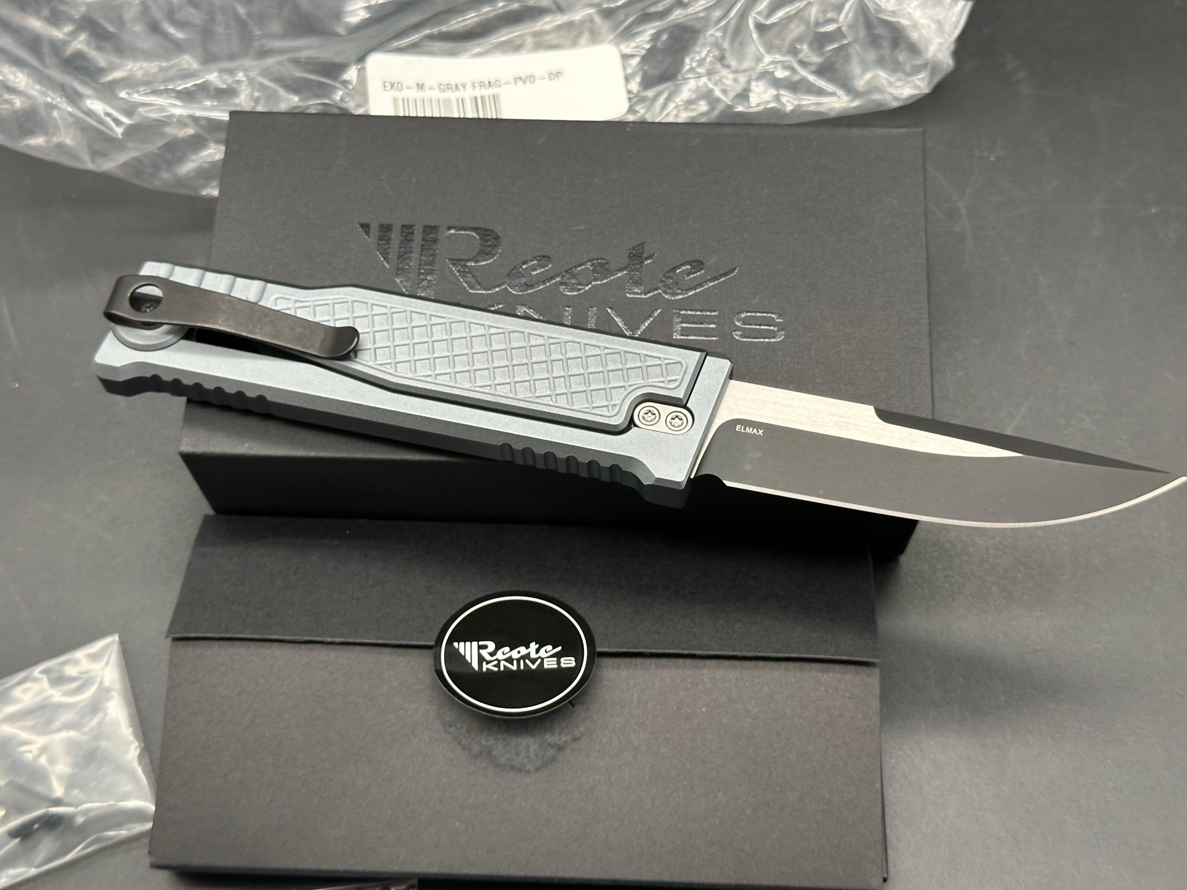 Reate Exo-M Drop Point BladeHQ Exclusive, Black PVD and Satin Two-Tone Elmax Blade, Gray Anodized Aluminum Frag Handles