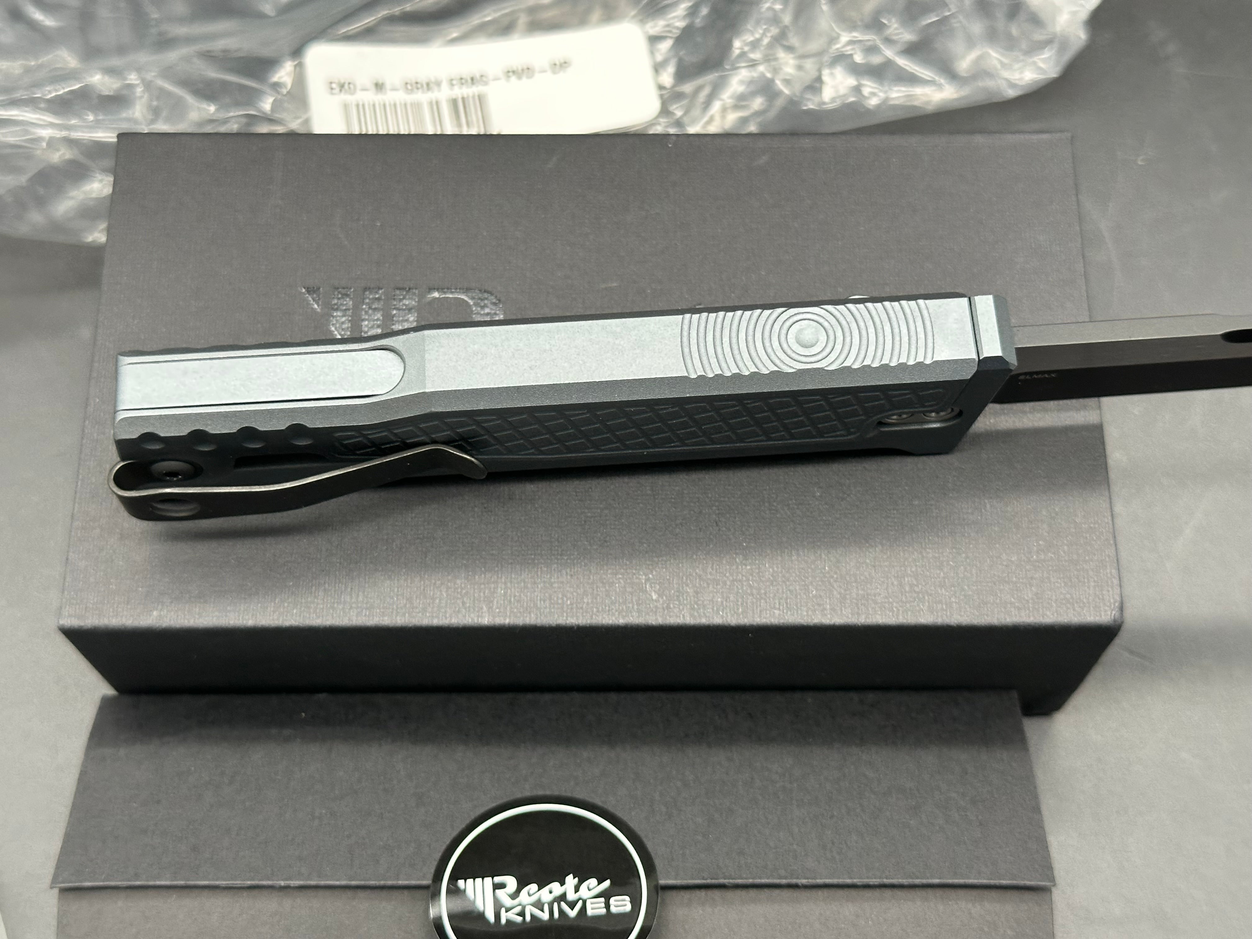 Reate Exo-M Drop Point BladeHQ Exclusive, Black PVD and Satin Two-Tone Elmax Blade, Gray Anodized Aluminum Frag Handles