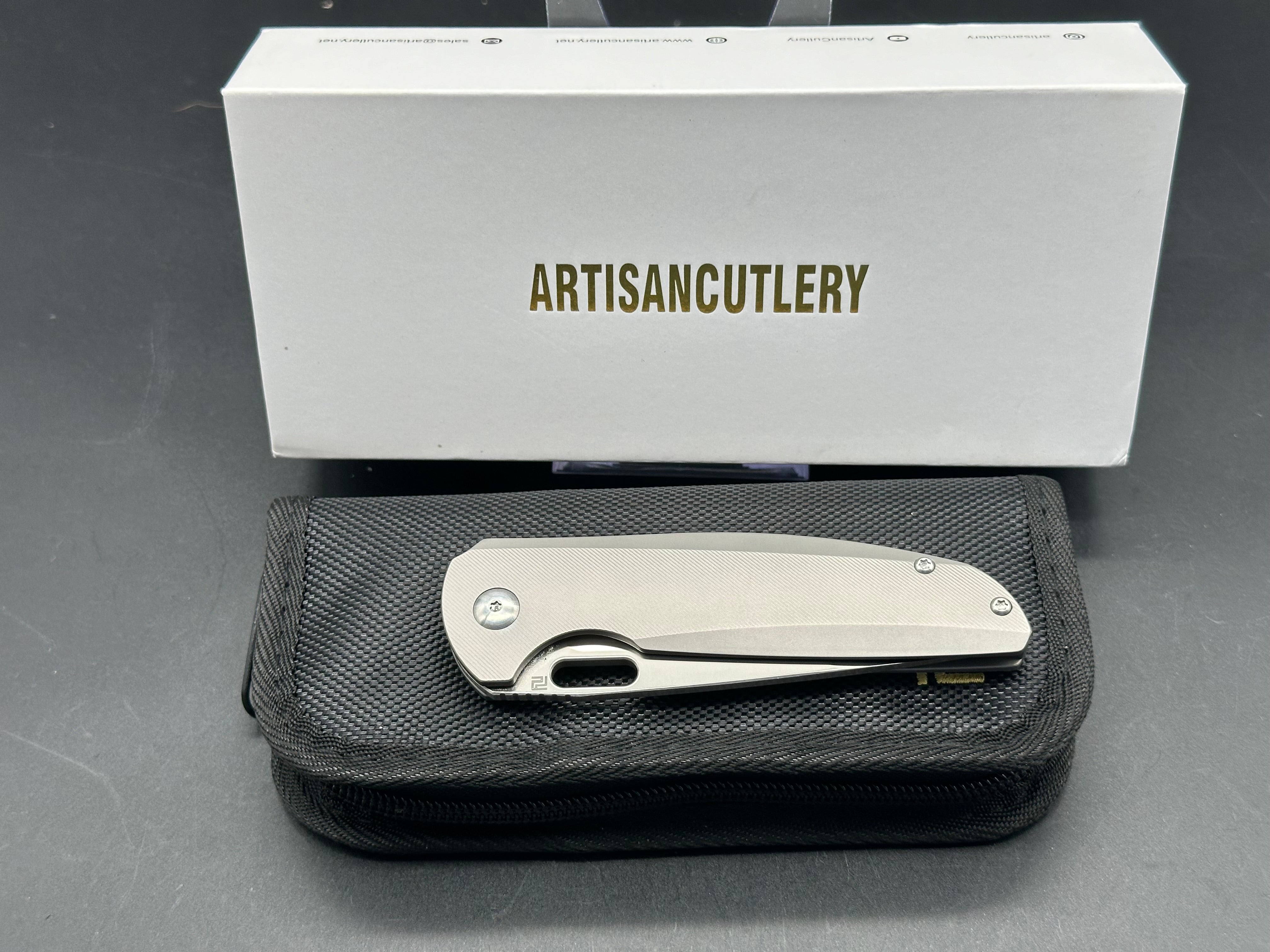 ARTISAN CUTLERY SATYR FOLDING KNIFE GRAY TITANIUM HANDLE S90V DROP POINT PLAIN EDGE