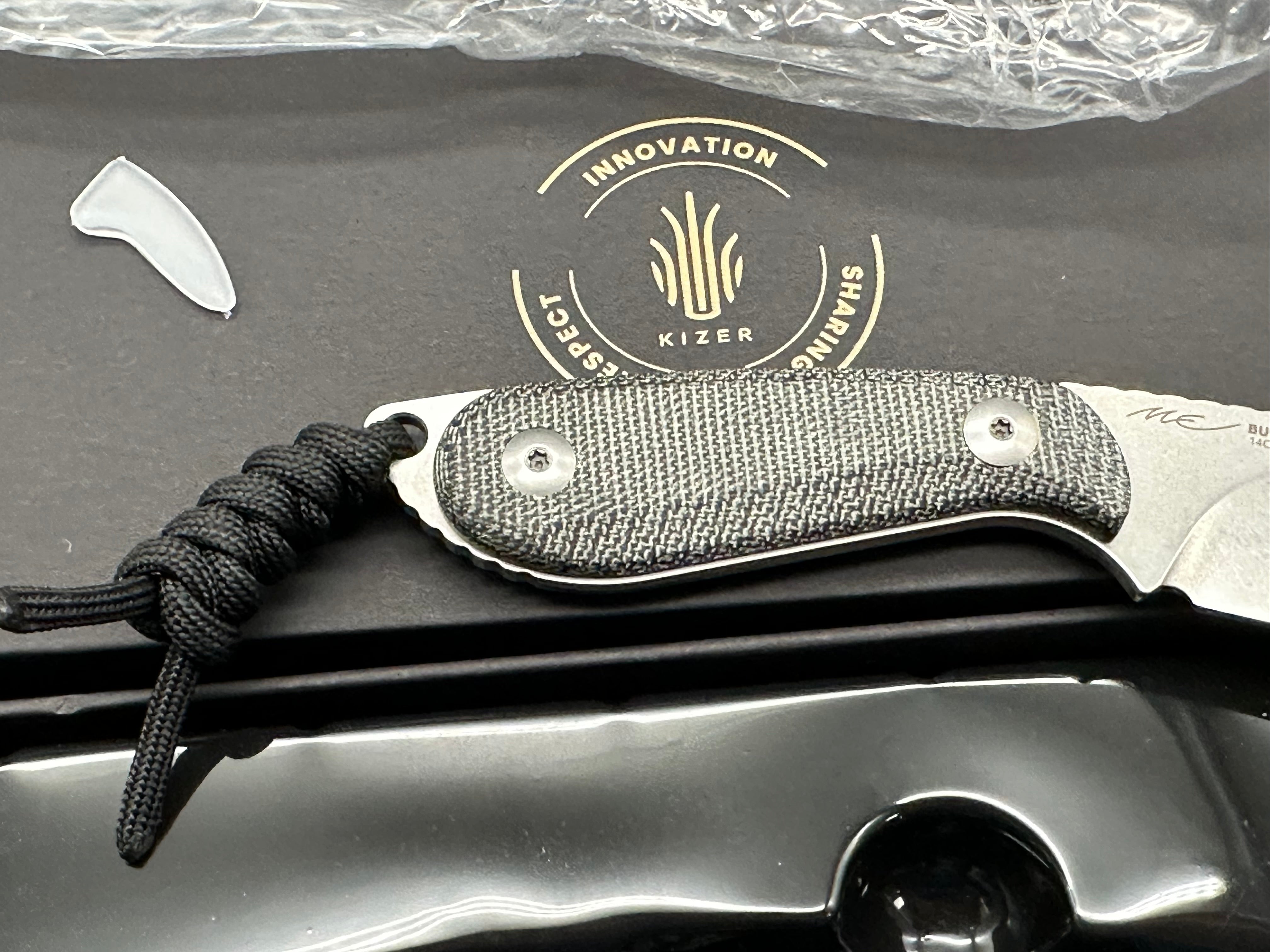 Kizer Buddy Stonewashed 14C28N Blade, Black Micarta Handles