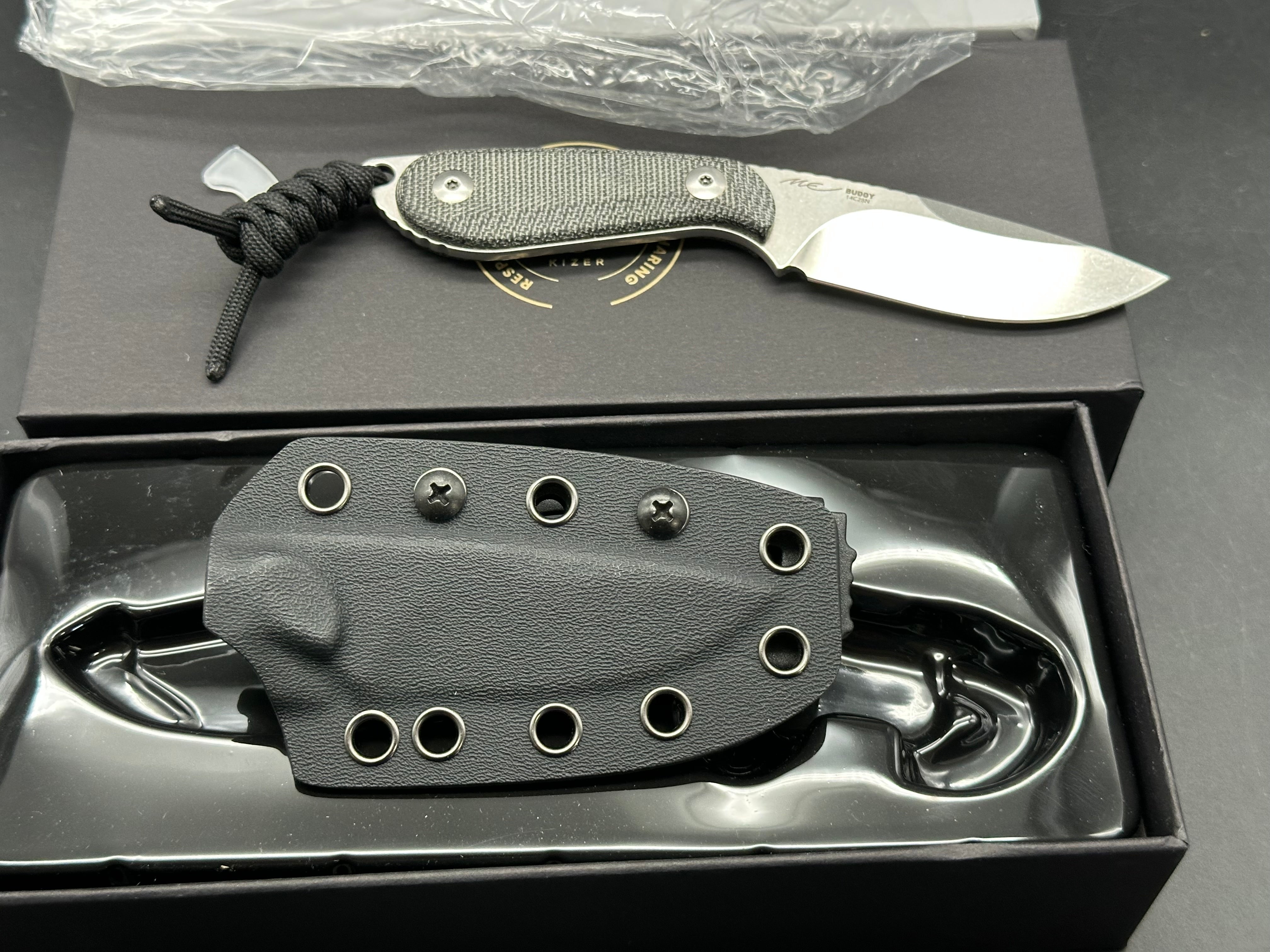 Kizer Buddy Stonewashed 14C28N Blade, Black Micarta Handles