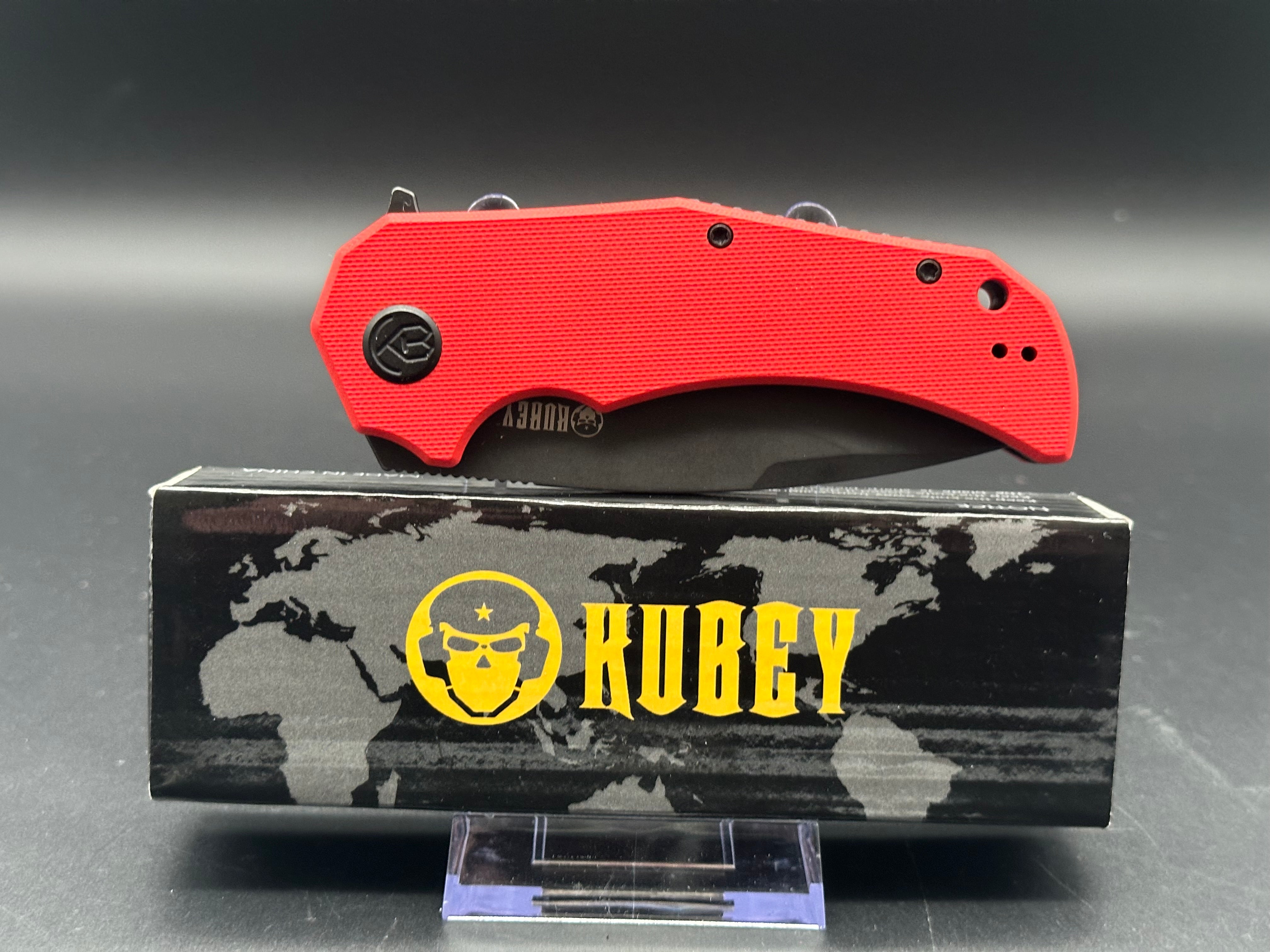 KUBEY BRAVO ONE FOLDING KNIFE RED G10 HANDLE AUS-10 DROP POINT PLAIN EDGE BLACKWASH FINISH KU319E