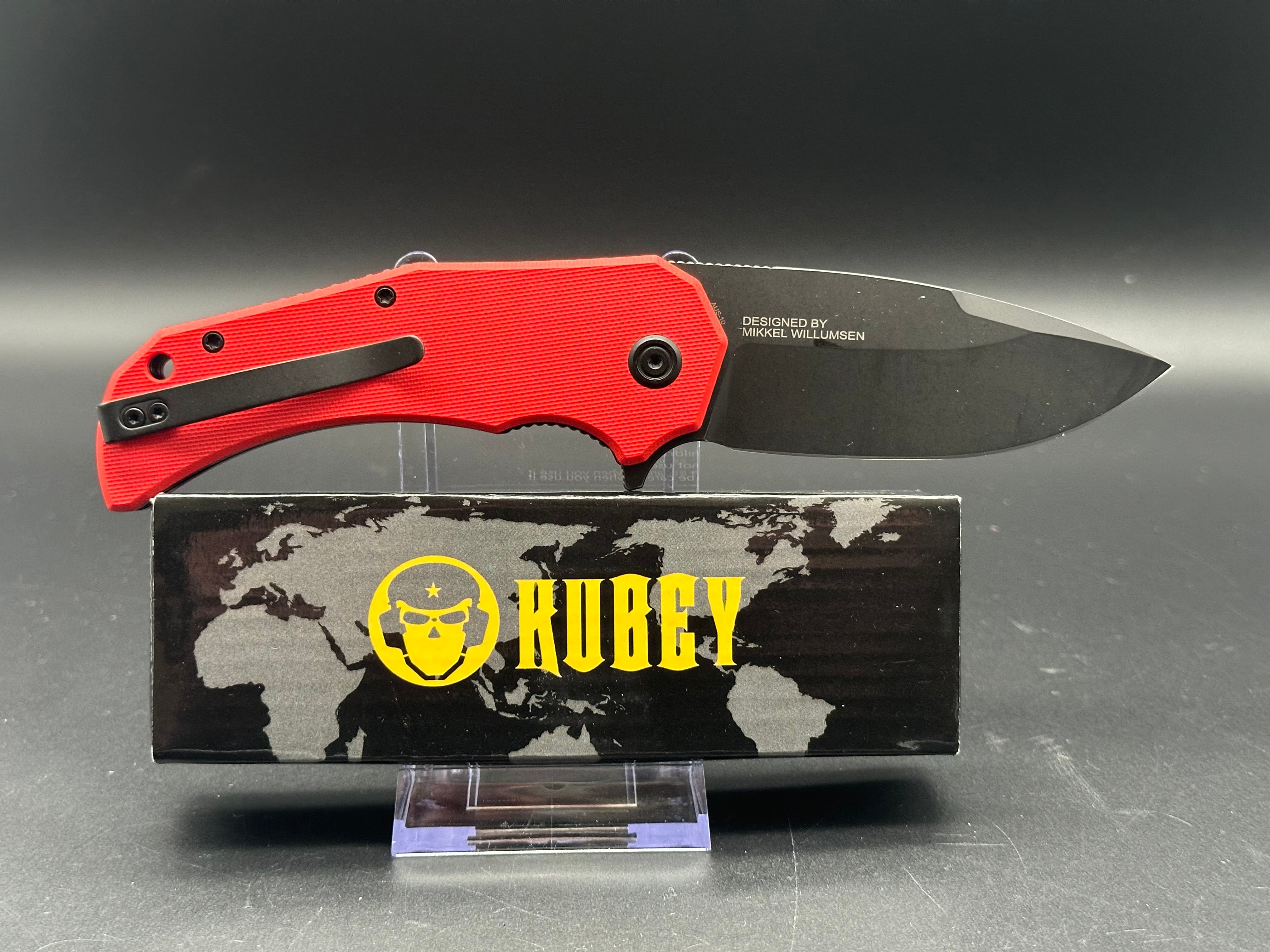 KUBEY BRAVO ONE FOLDING KNIFE RED G10 HANDLE AUS-10 DROP POINT PLAIN EDGE BLACKWASH FINISH KU319E