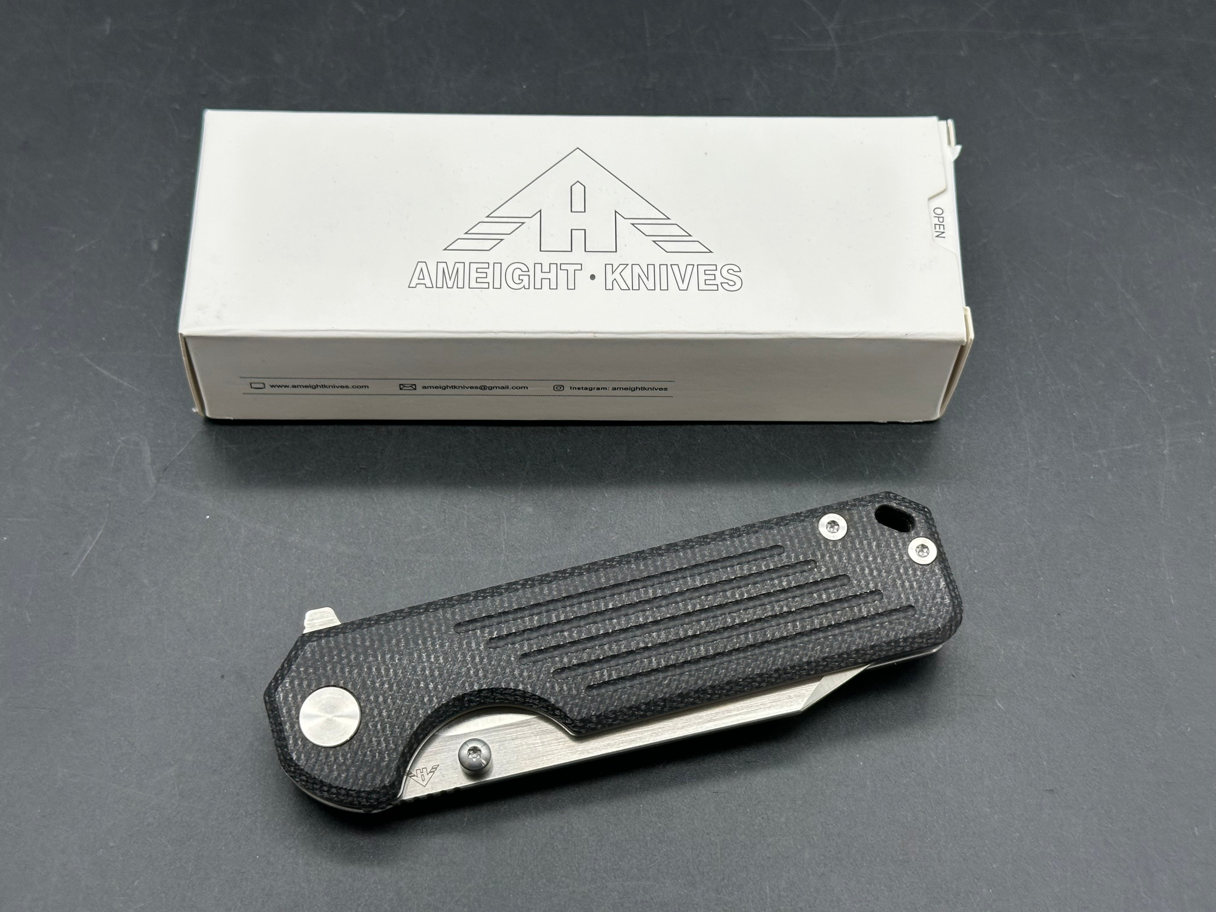 AMEIGHT GLADIATOR FOLDING KNIFE BLACK MICARTA HANDLE 14C28N PLAIN EDGE SATIN FINISH