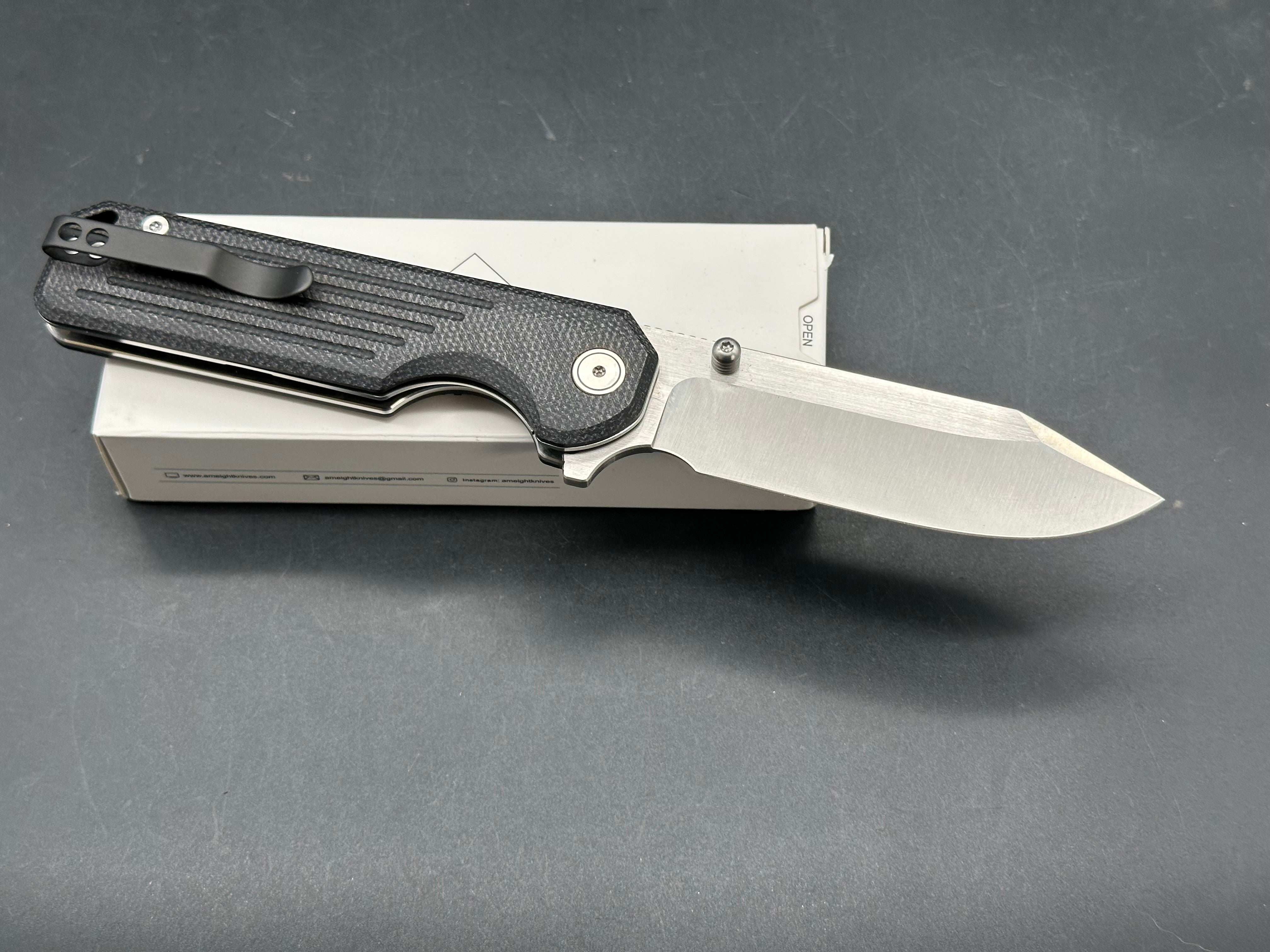 AMEIGHT GLADIATOR FOLDING KNIFE BLACK MICARTA HANDLE 14C28N PLAIN EDGE SATIN FINISH