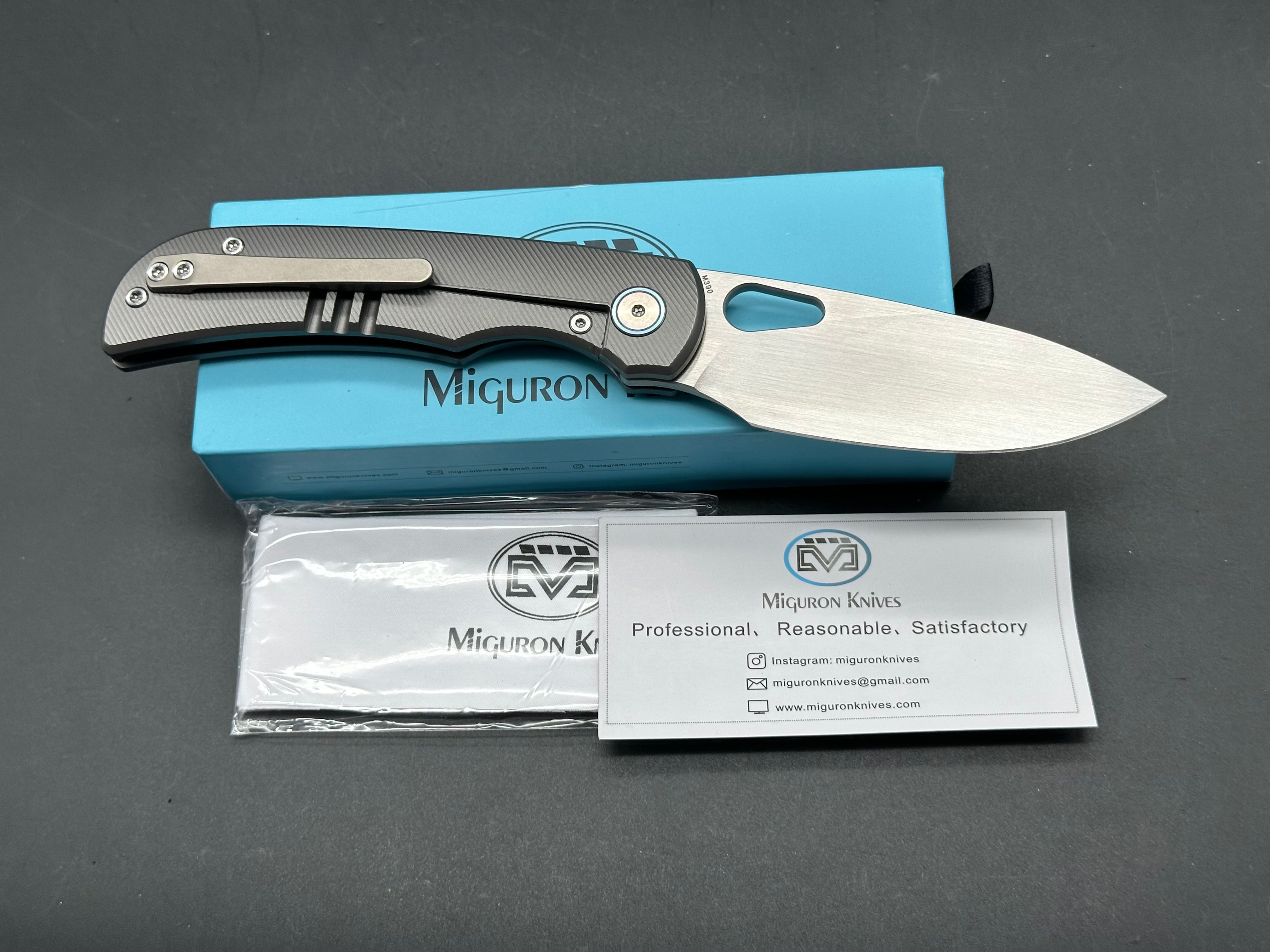 MIGURON MOYARL FOLDING KNIFE DARK GREY TITANIUM HANDLE M390 DROP POINT