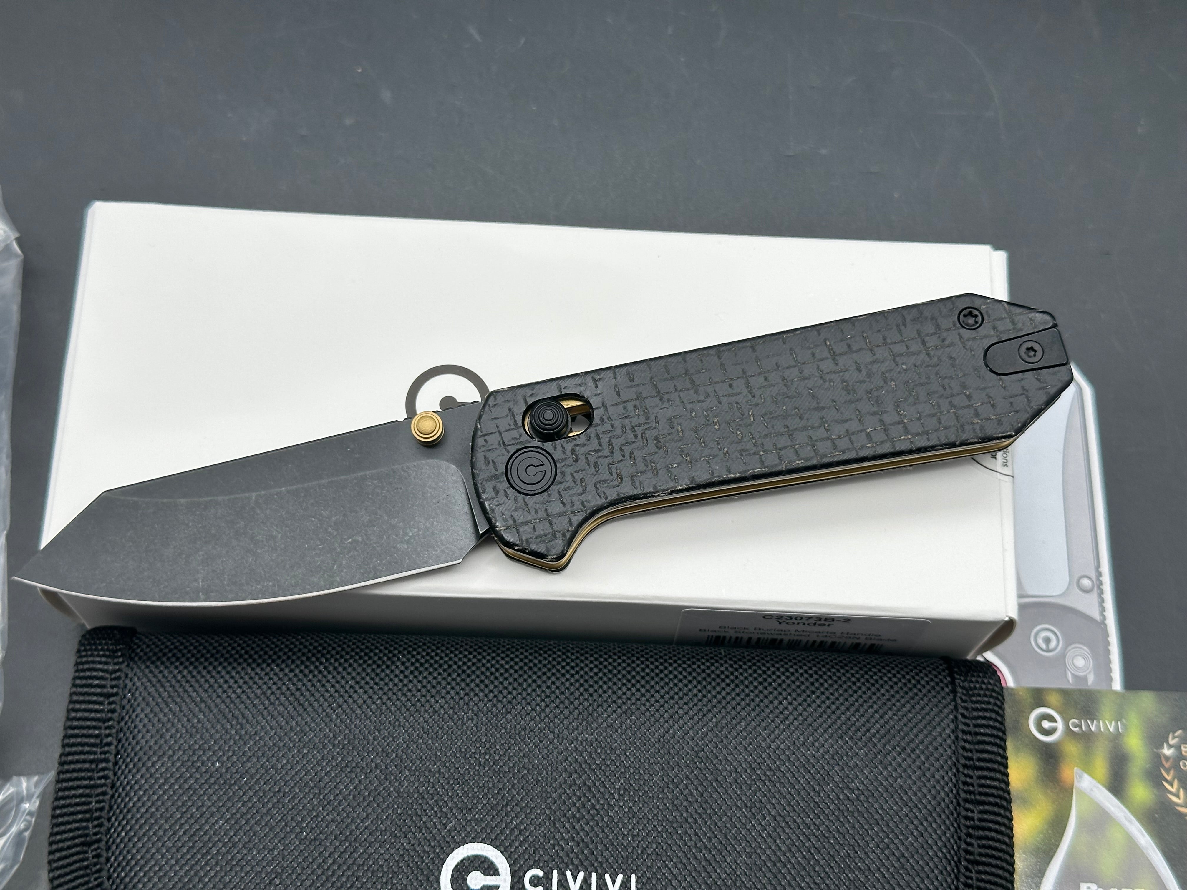 CIVIVI YONDER BLACK BURLAP MICARTA HANDLE 14C28N BLACK STONEWASH FINISH
