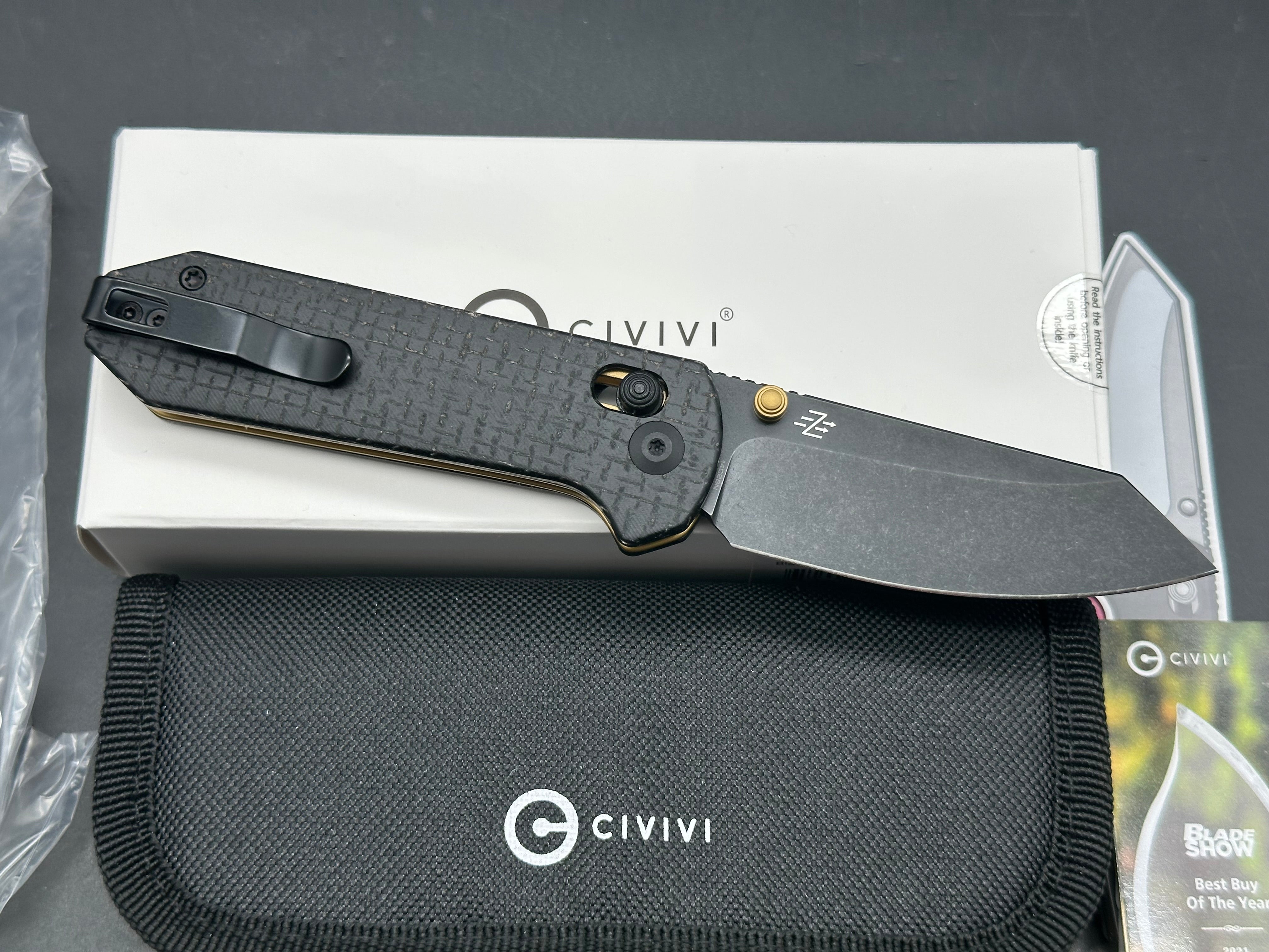 CIVIVI YONDER BLACK BURLAP MICARTA HANDLE 14C28N BLACK STONEWASH FINISH