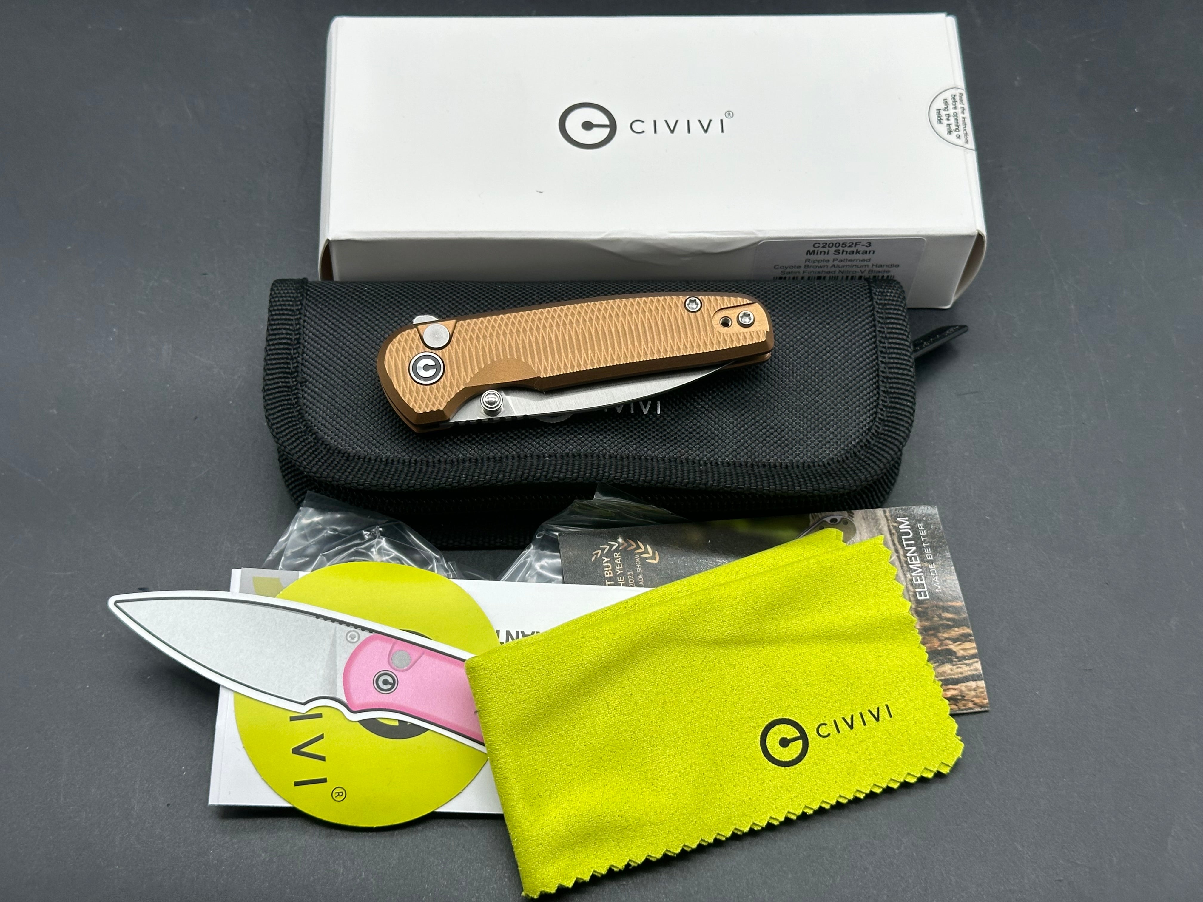 CIVIVI MINI SHAKAN COYOTE BROWN ALUMINUM HANDLE NITRO-V PLAIN EDGE