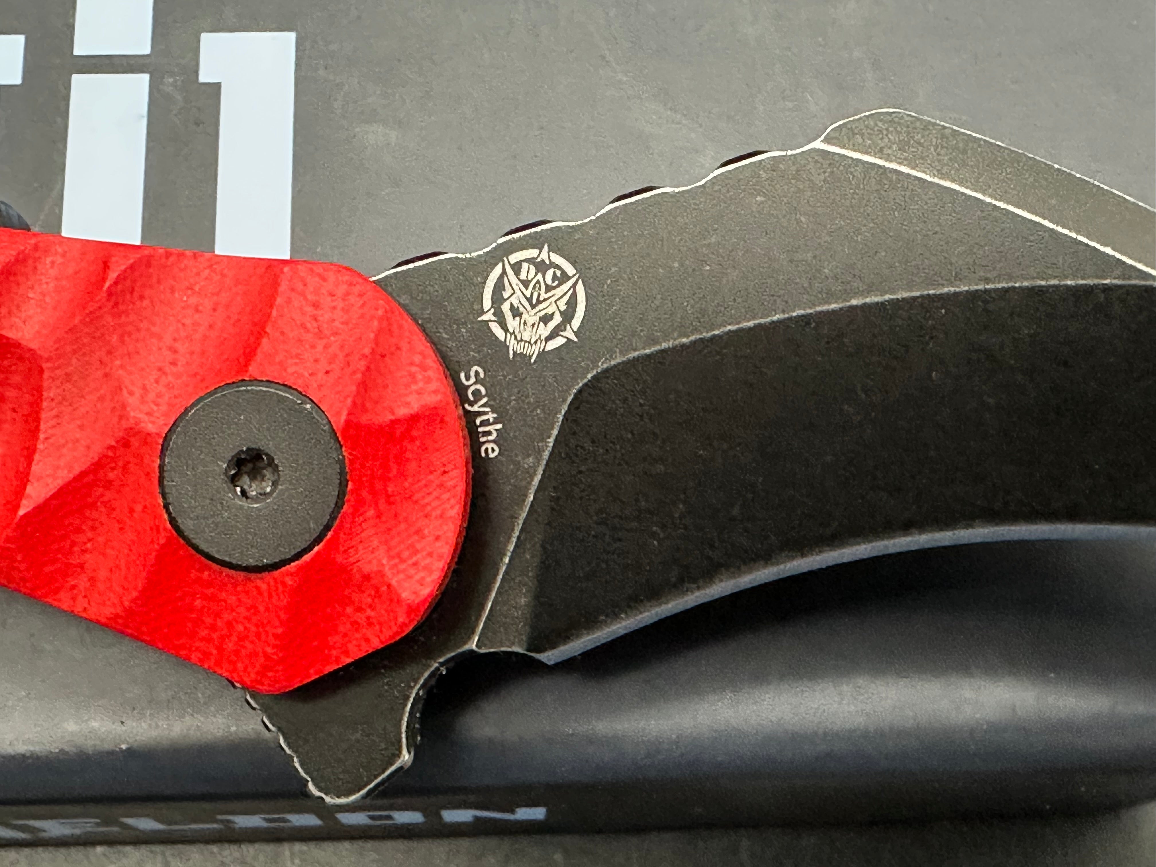 Shieldon Blades Scythe XL folder Blackwash Titanium coated blade of 154CM Red G10 Handle