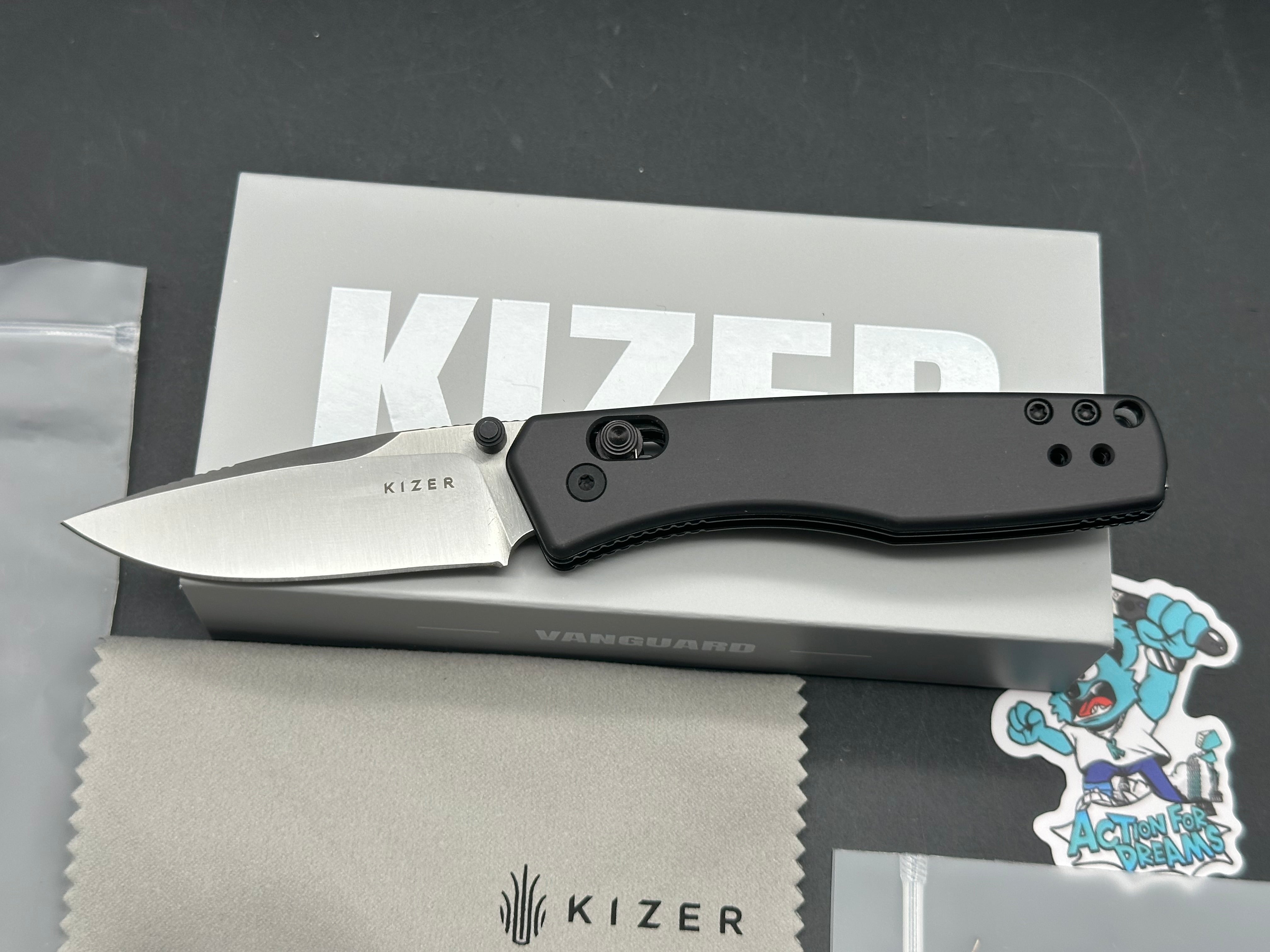 KIZER AEGIS FOLDING KNIFE GRAY ALUMINUM HANDLE AEB-L DROP POINT PLAIN EDGE SATIN FINISH
