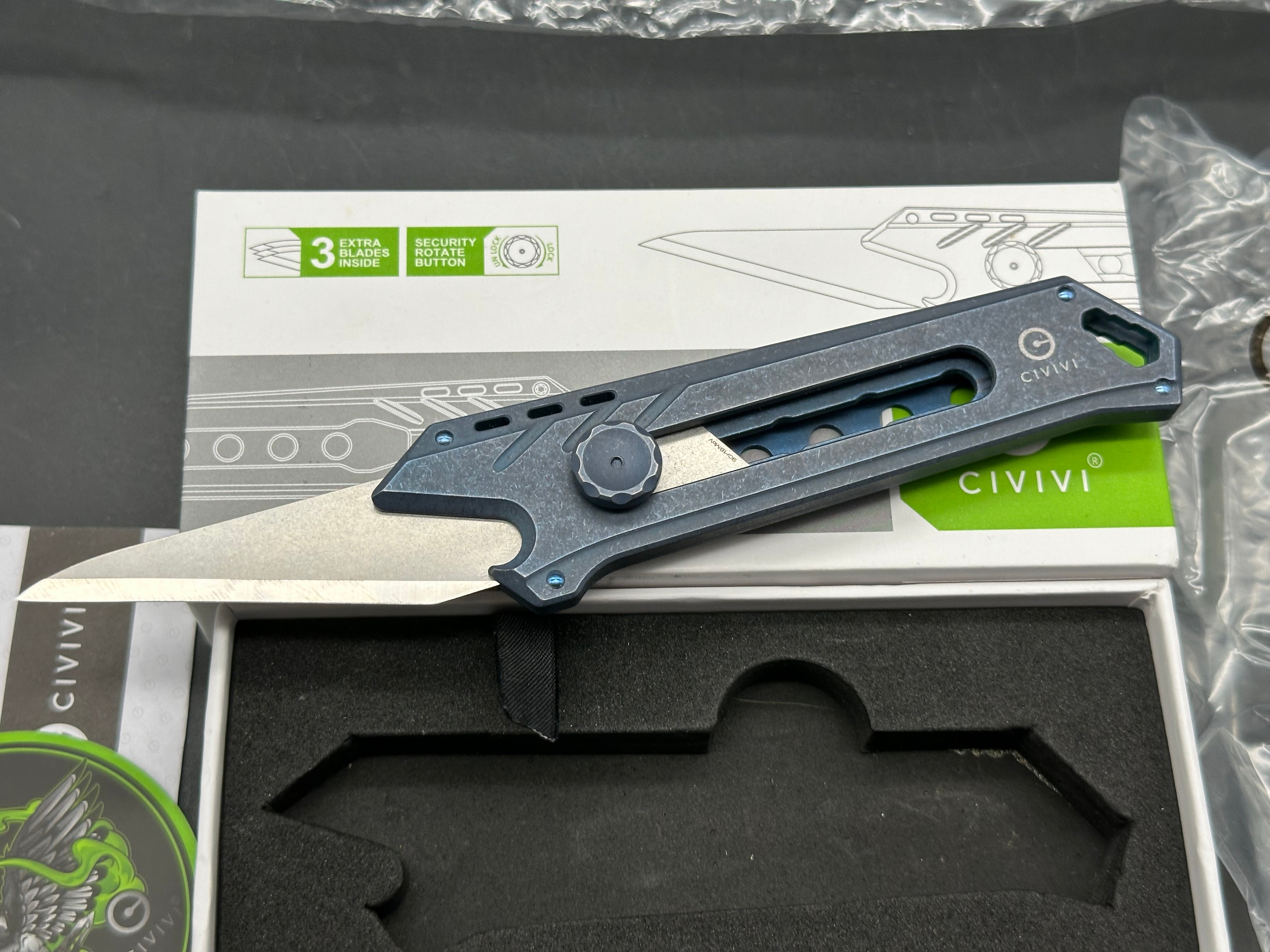 Civivi Mandate Utility Knife Blades are 9CR18Mov Handle is Blue titanium