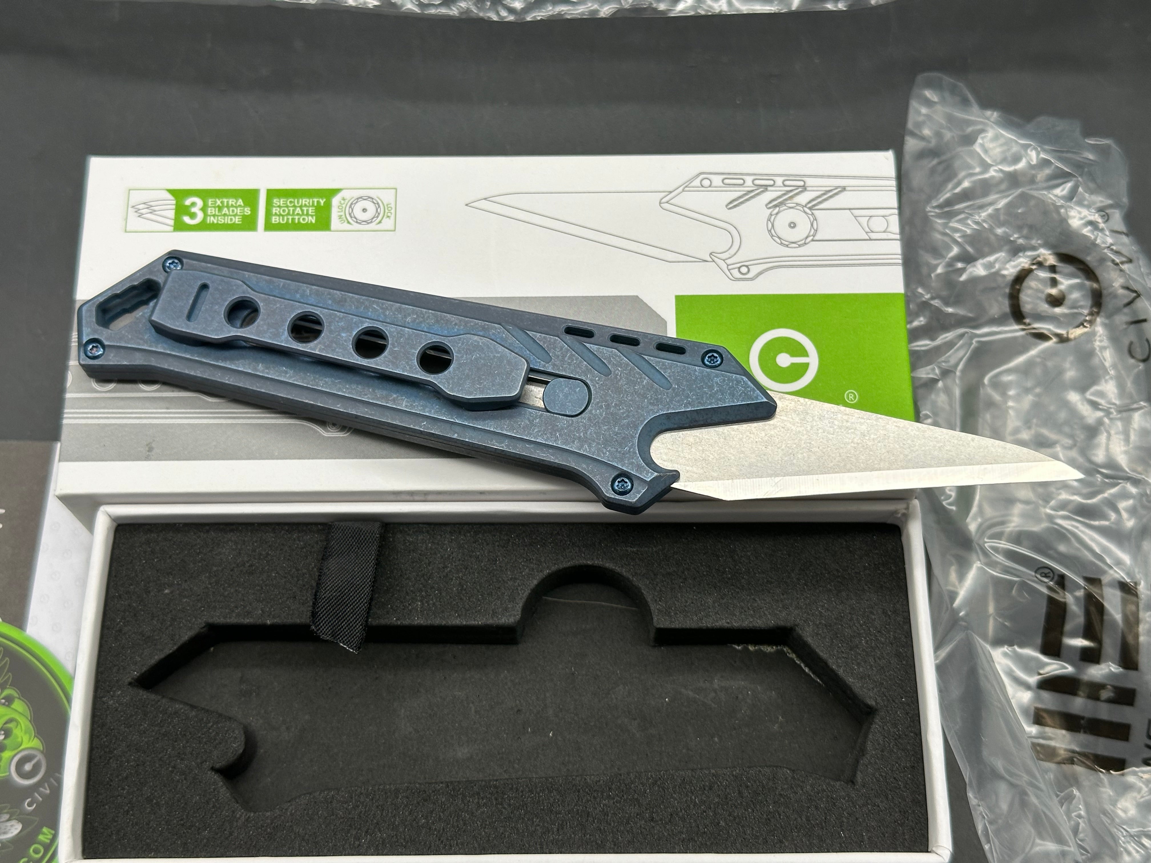Civivi Mandate Utility Knife Blades are 9CR18Mov Handle is Blue titanium