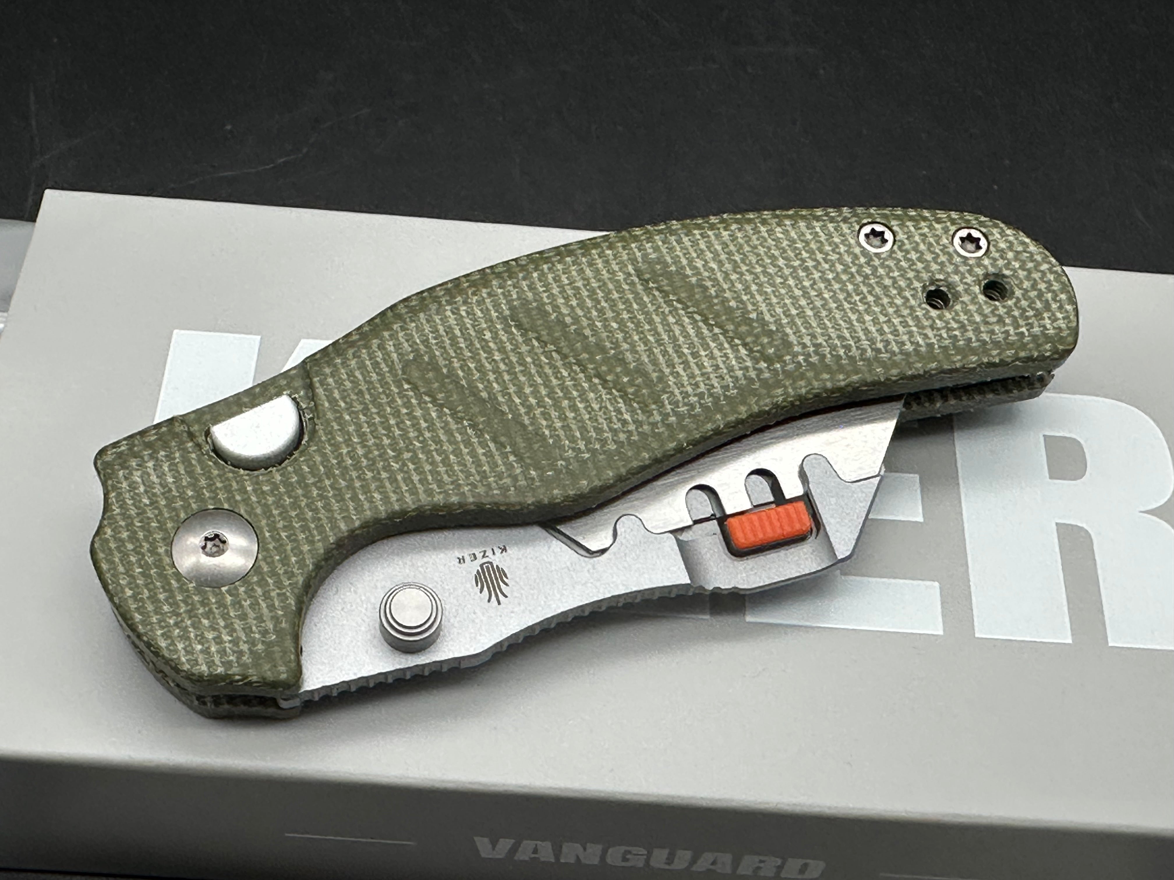 KIZER C01C UTI 2 UTILITY FOLDING KNIFE GREEN MICARTA HANDLE 5CR15MOV PLAIN EDGE BEAD BLAST FINISH