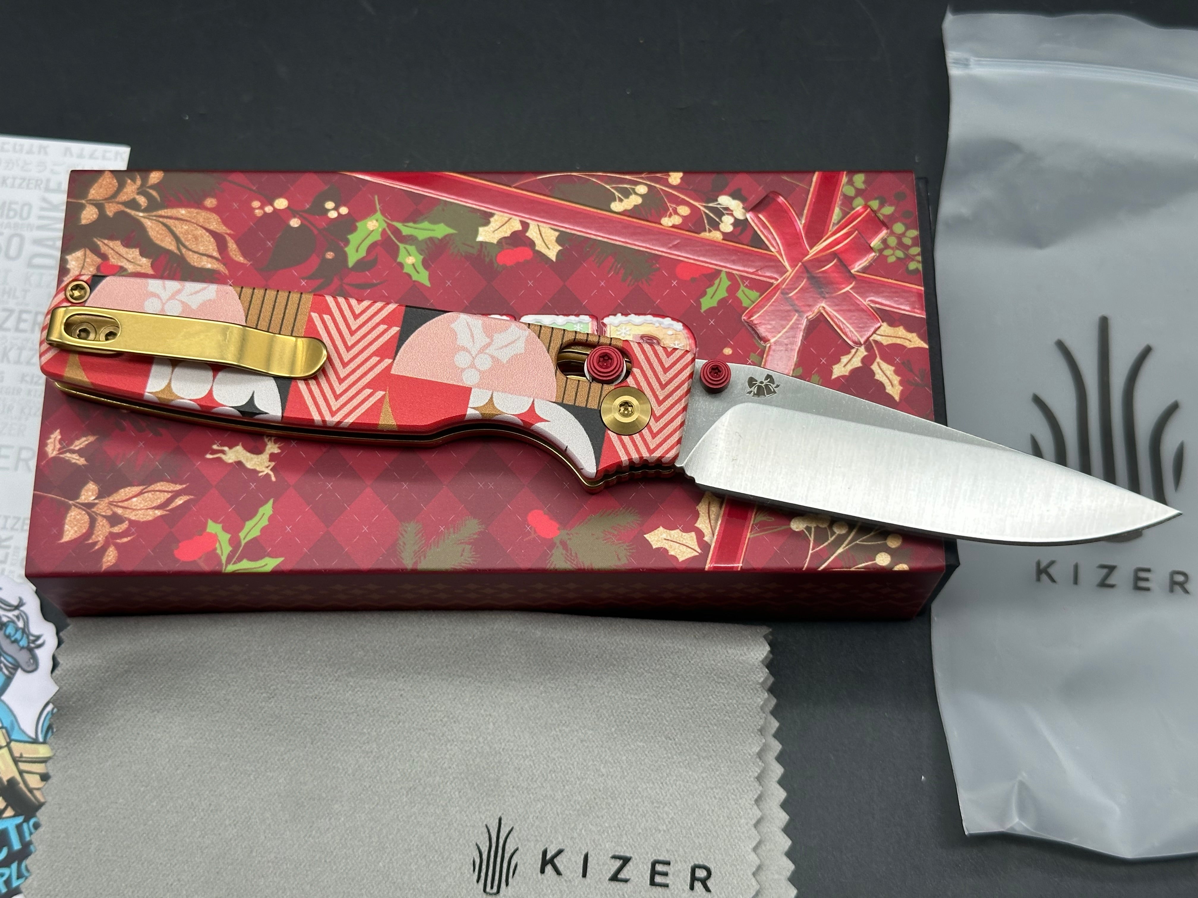 KIZER CHRISTMAS ORIGINAL 2 FOLDING KNIFE RED/WHITE PATTERN G10 HANDLE 14C28N DROP POINT PLAIN EDGE BLAST FINISH