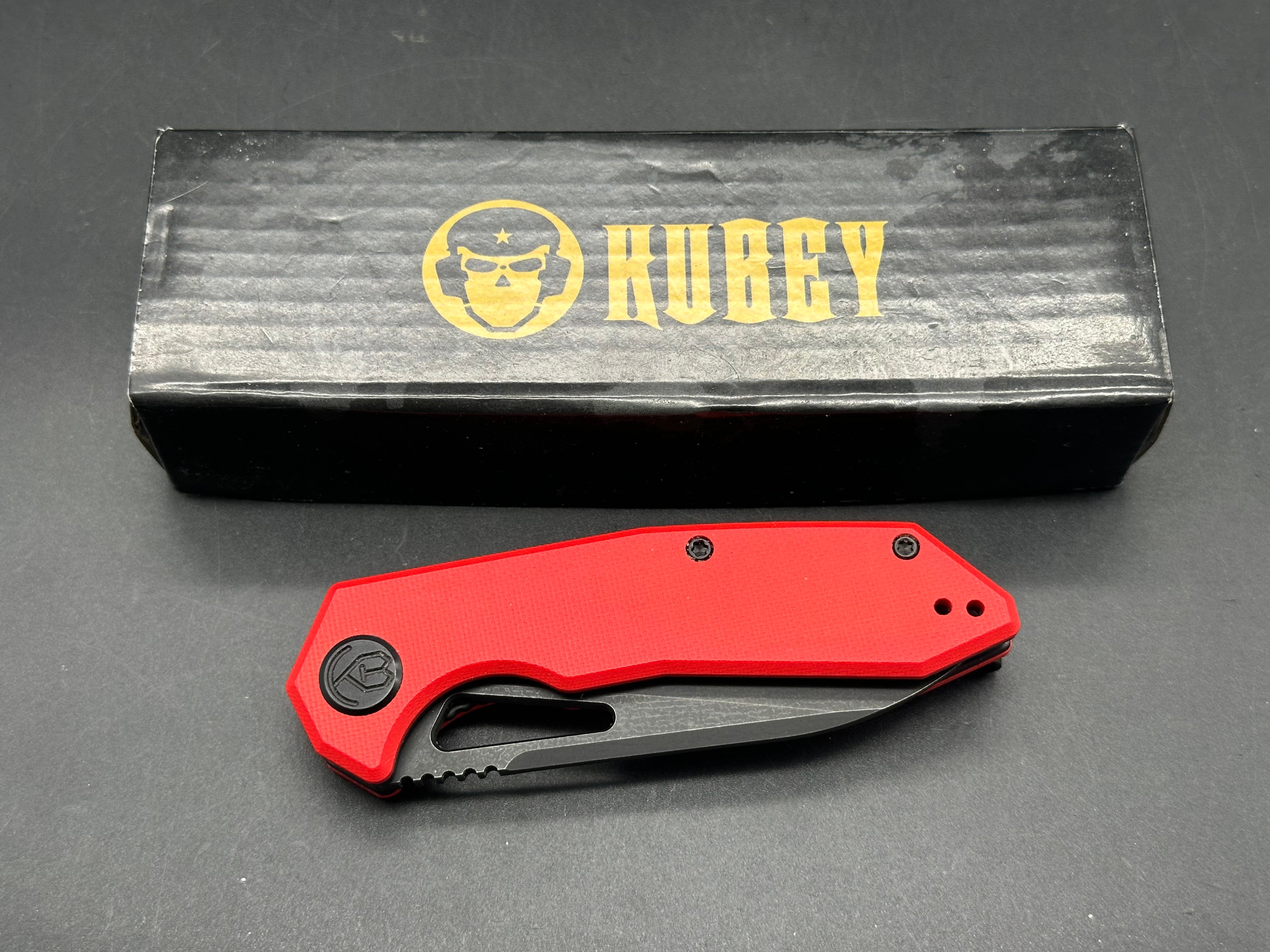 Kubey Vagrant Liner Lock Folding Knife Red G10 Handle 3.1" Blackwash 14C28N