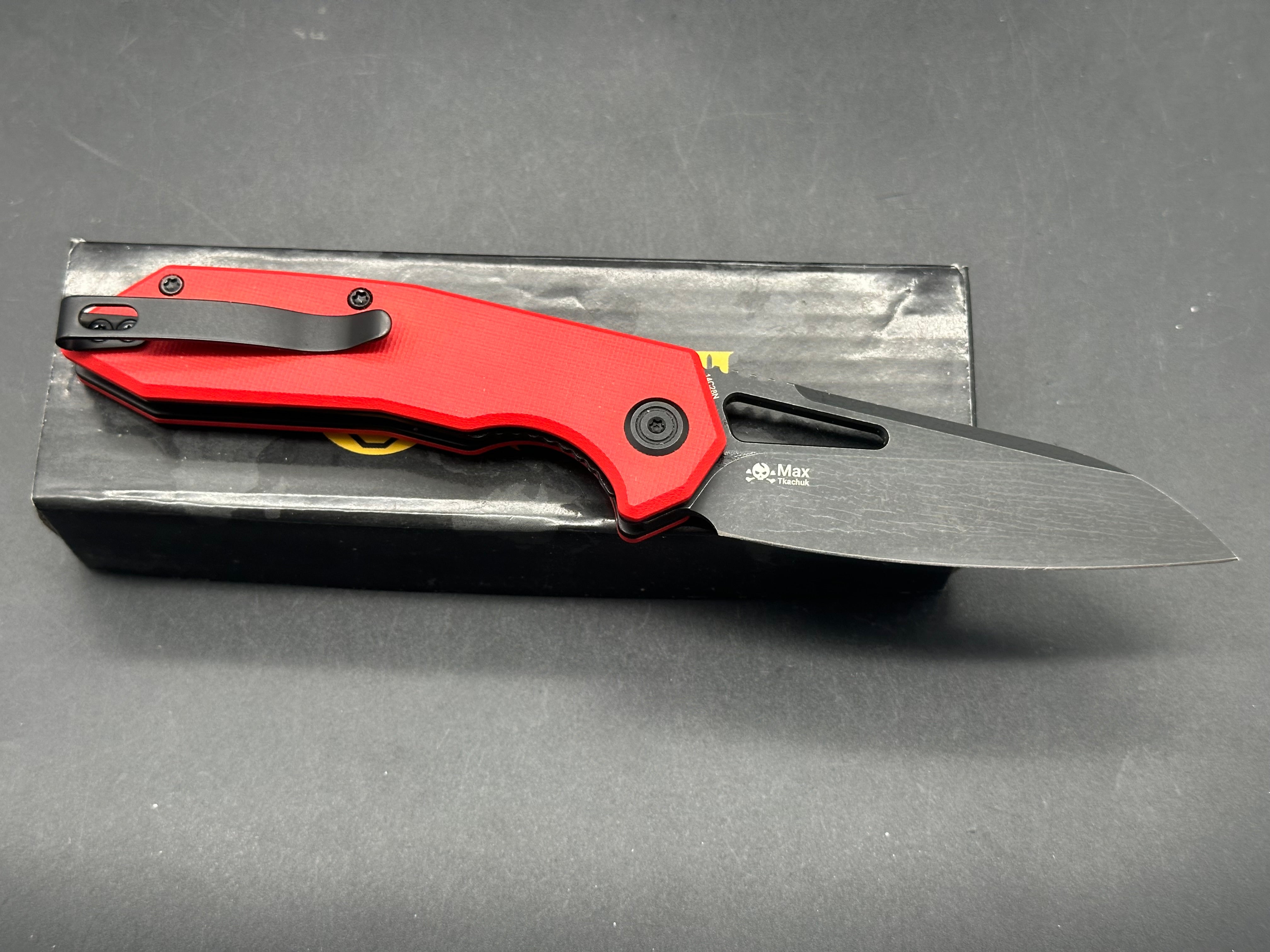 Kubey Vagrant Liner Lock Folding Knife Red G10 Handle 3.1" Blackwash 14C28N