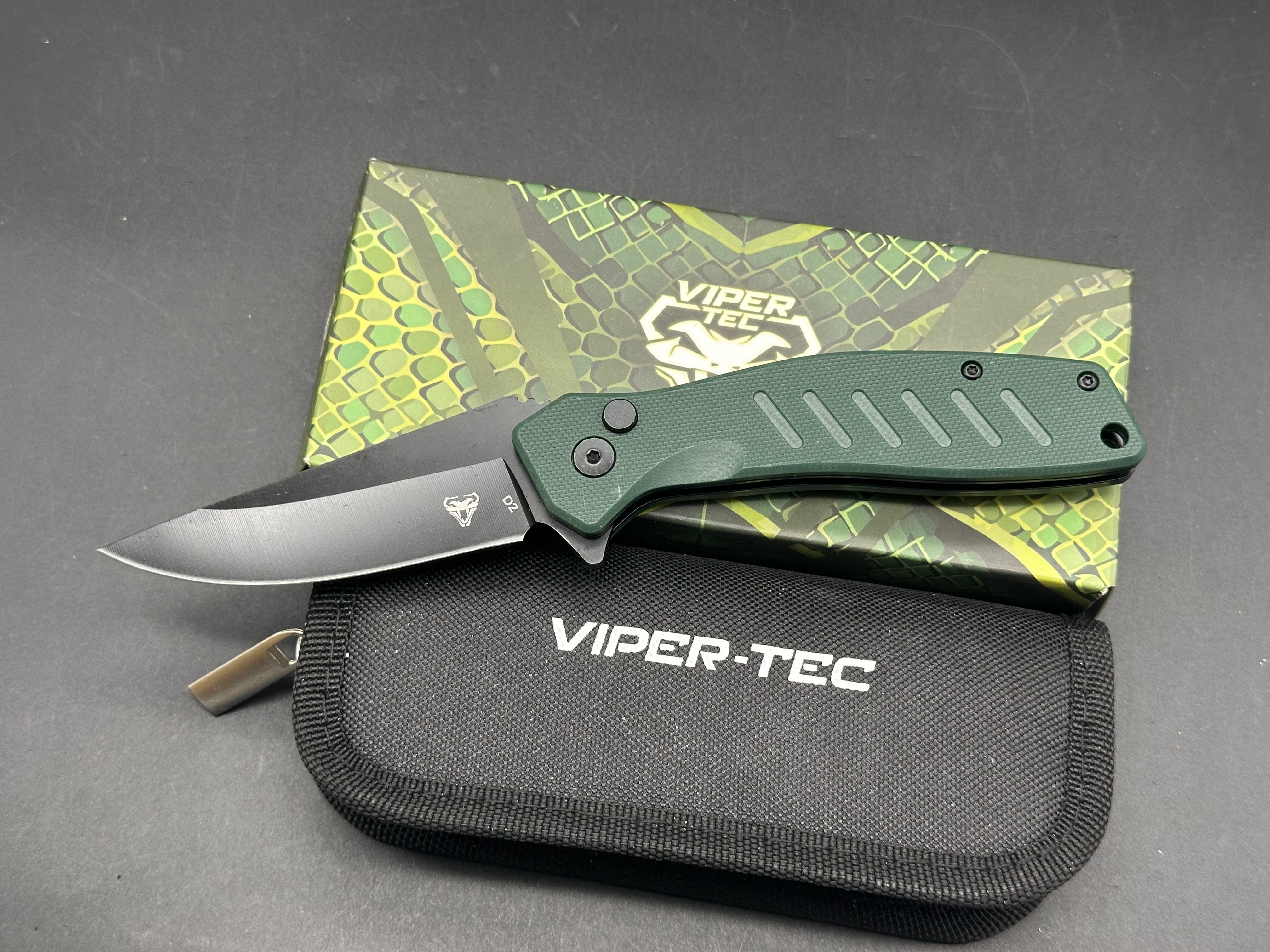 New Viper Tec Black D2 Blade G10 Handle Button Lock Pocket Knife EDC Green Cobra