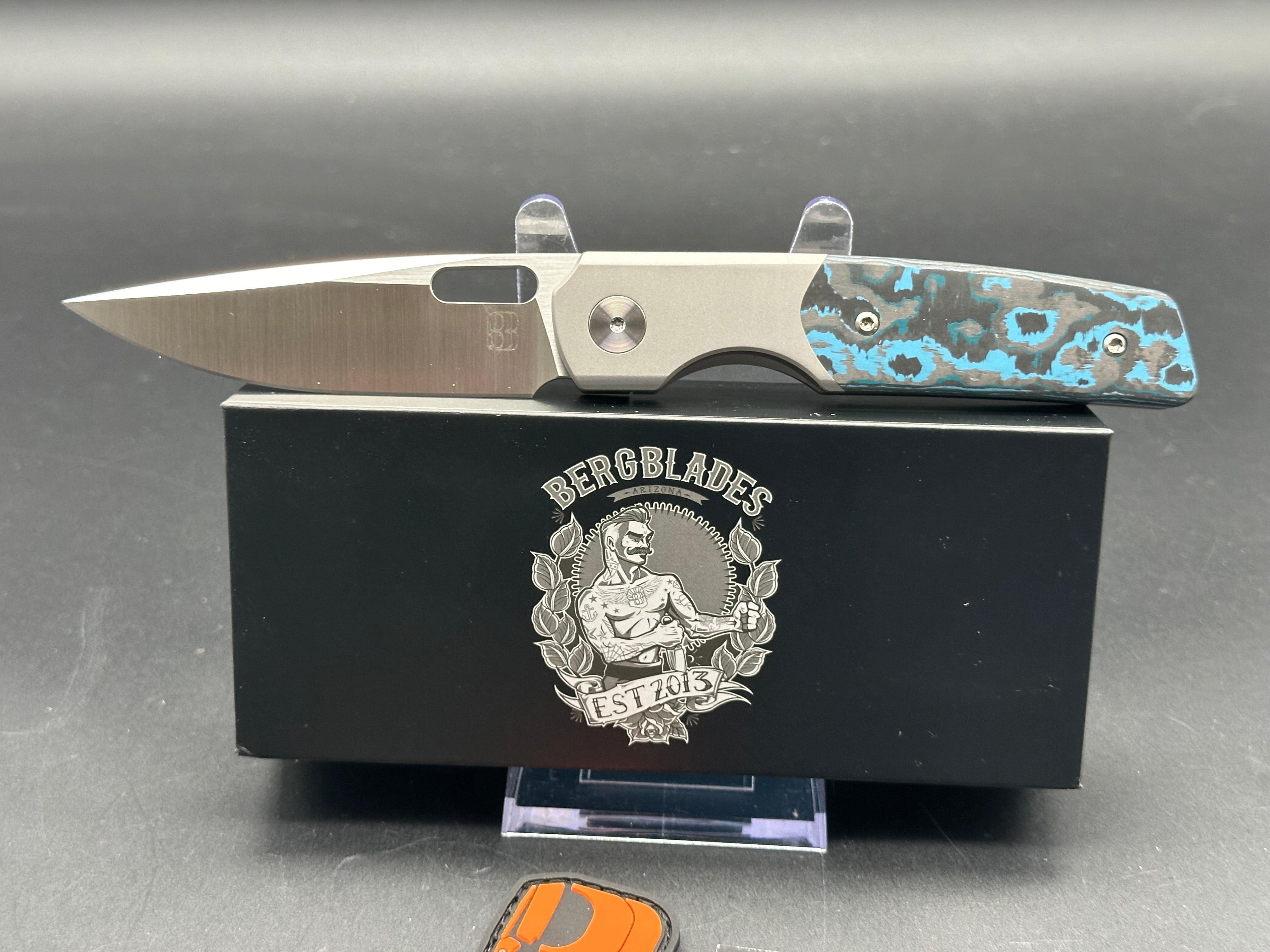 Berg Blades Sweeney, 3.35" 20CV Satin Blade with Stonewash Titanium & Arctic Storm Fat Carbon Handle