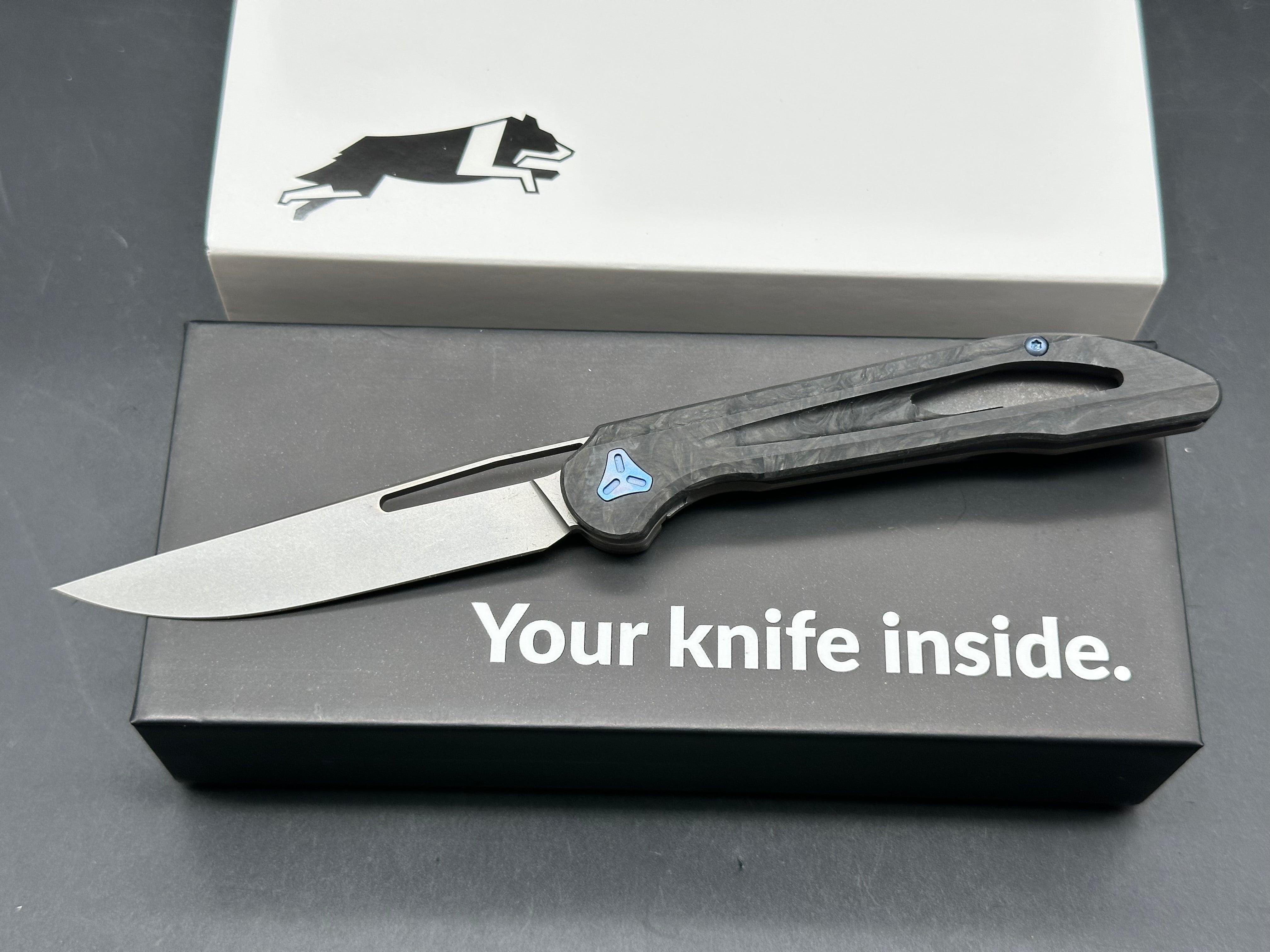 Boos Blades Mini Smoke: 3.2 inch CPM-20CV blade. Only 1.78 oz. Titanium and carbon fiber handle