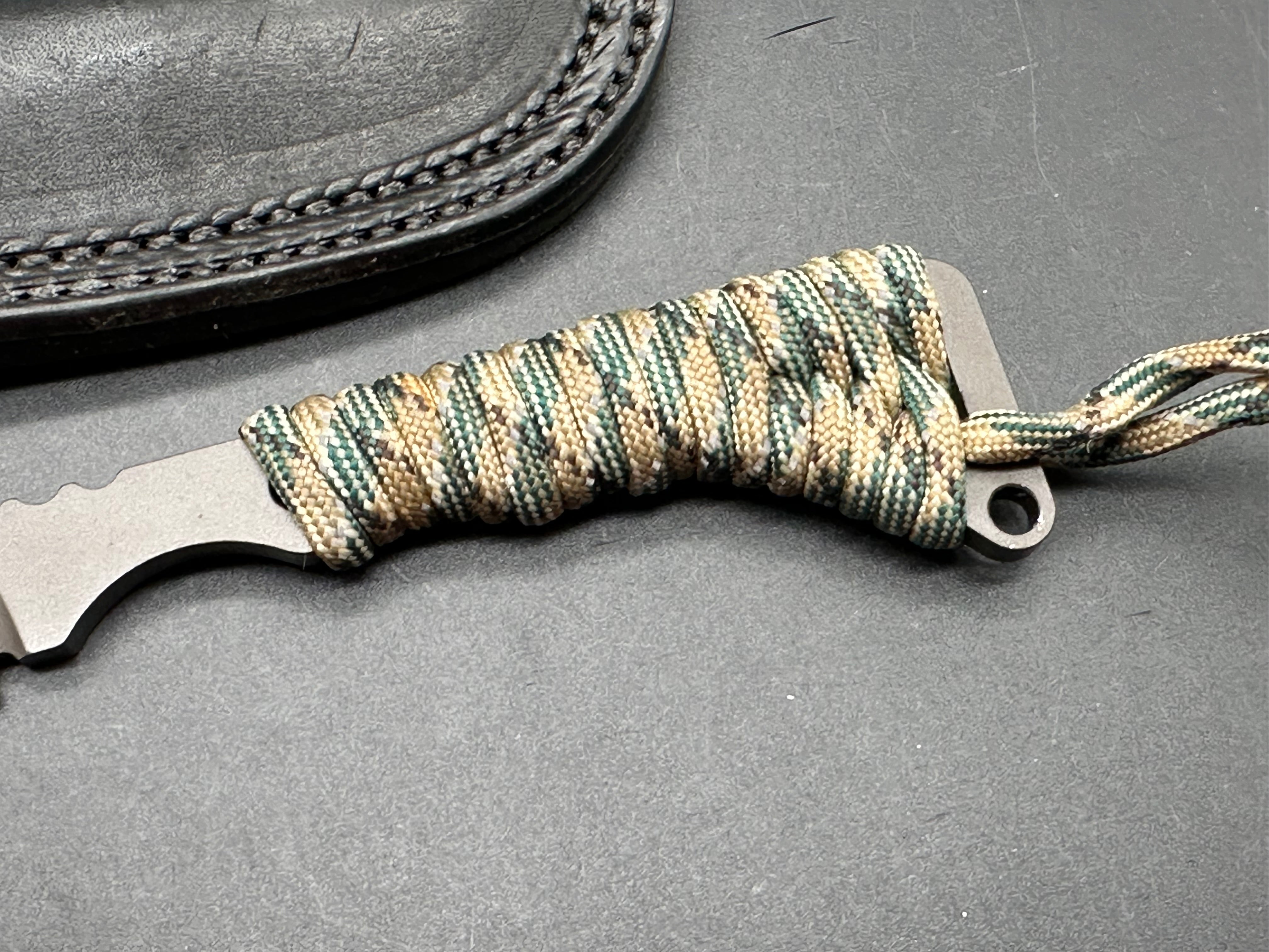 Tops Rocky Mountain Spike Paracord wrapped handle, 1095, leather sheath
