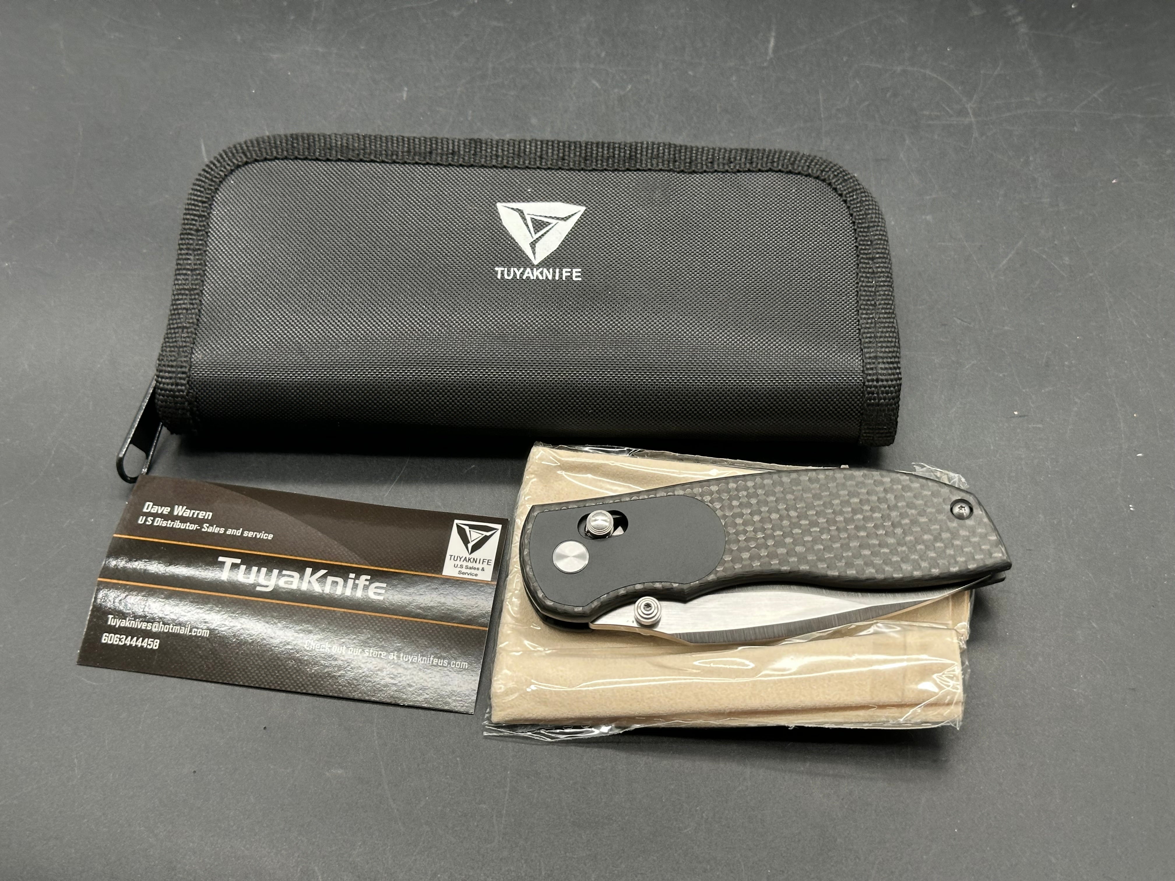Tuyaknife Big Belly Integral 3.5 inch Bohler M390 satin finish blade. Integral carbon fiber handle