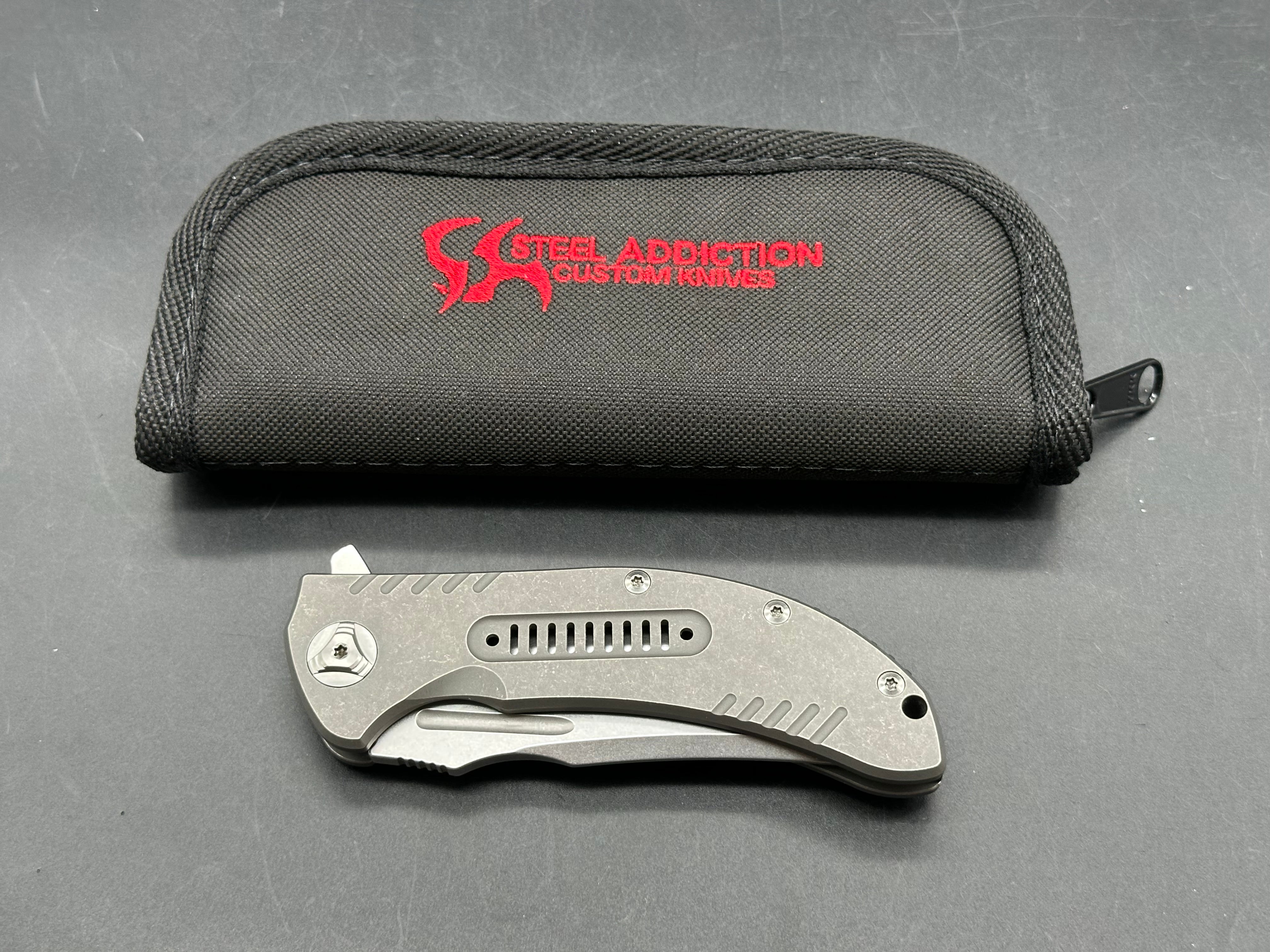 Reate Valhalla: Faisal Yamin design. 3.875 inch, clip point, stonewashed, flat grind freeze edged RWL-34 blade