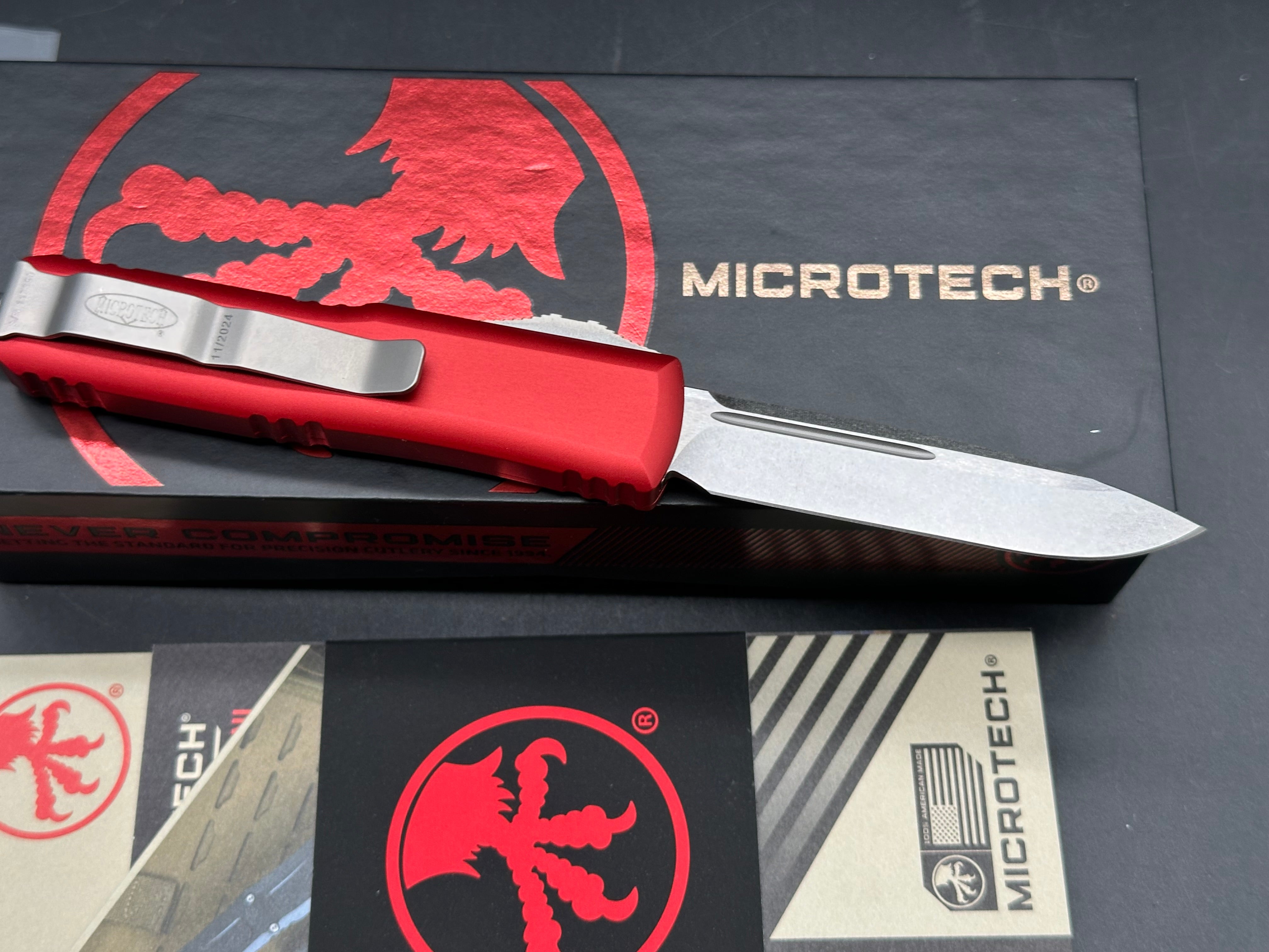 Microtech UTX-85 S/E OTF Automatic Knife Red (3.125" Stonewash) 231-10RD