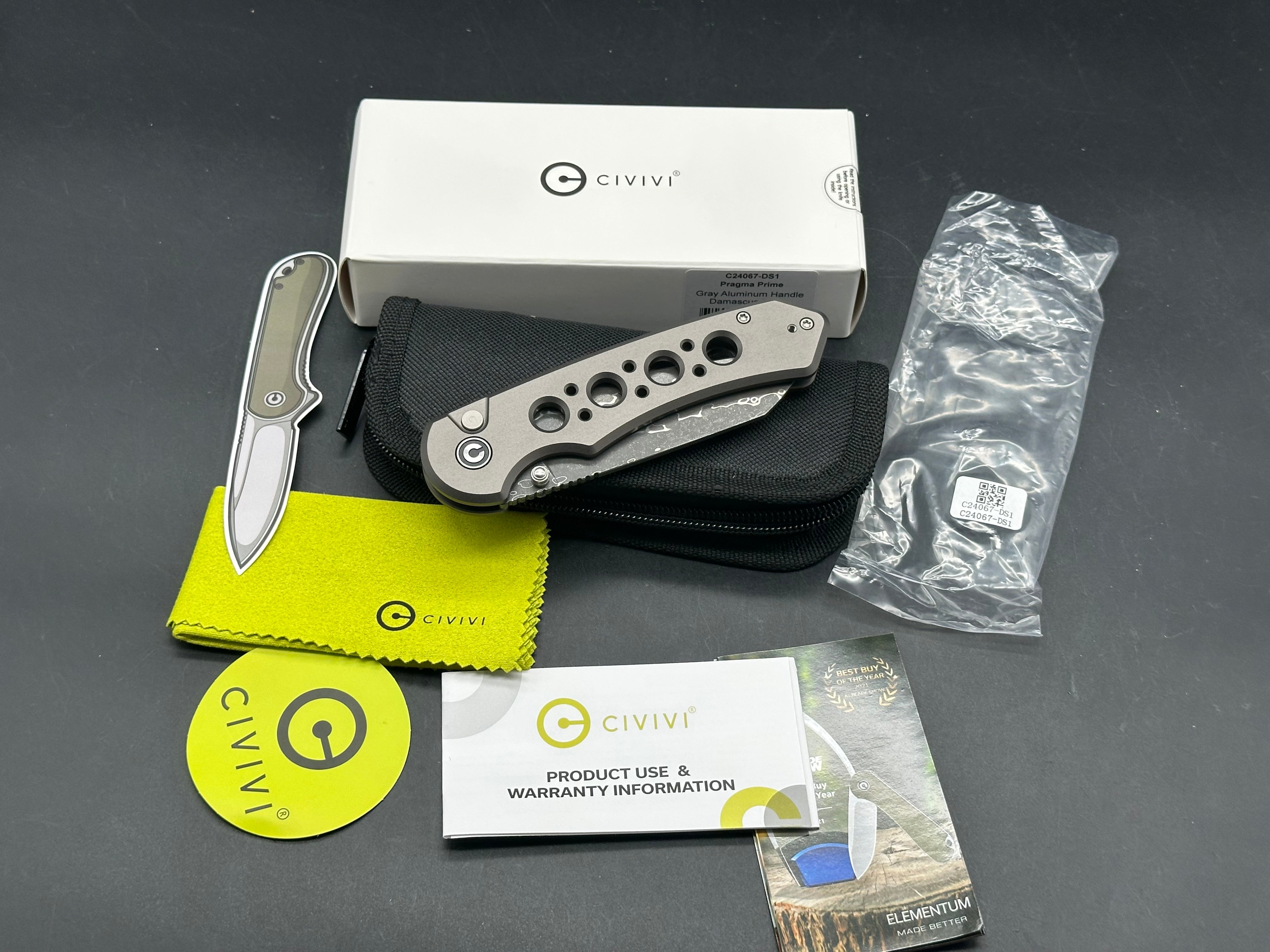 CIVIVI Pragma Prime Thumb Stud & Button Lock Knife Aluminum Handle (3.49" Damascus Blade)