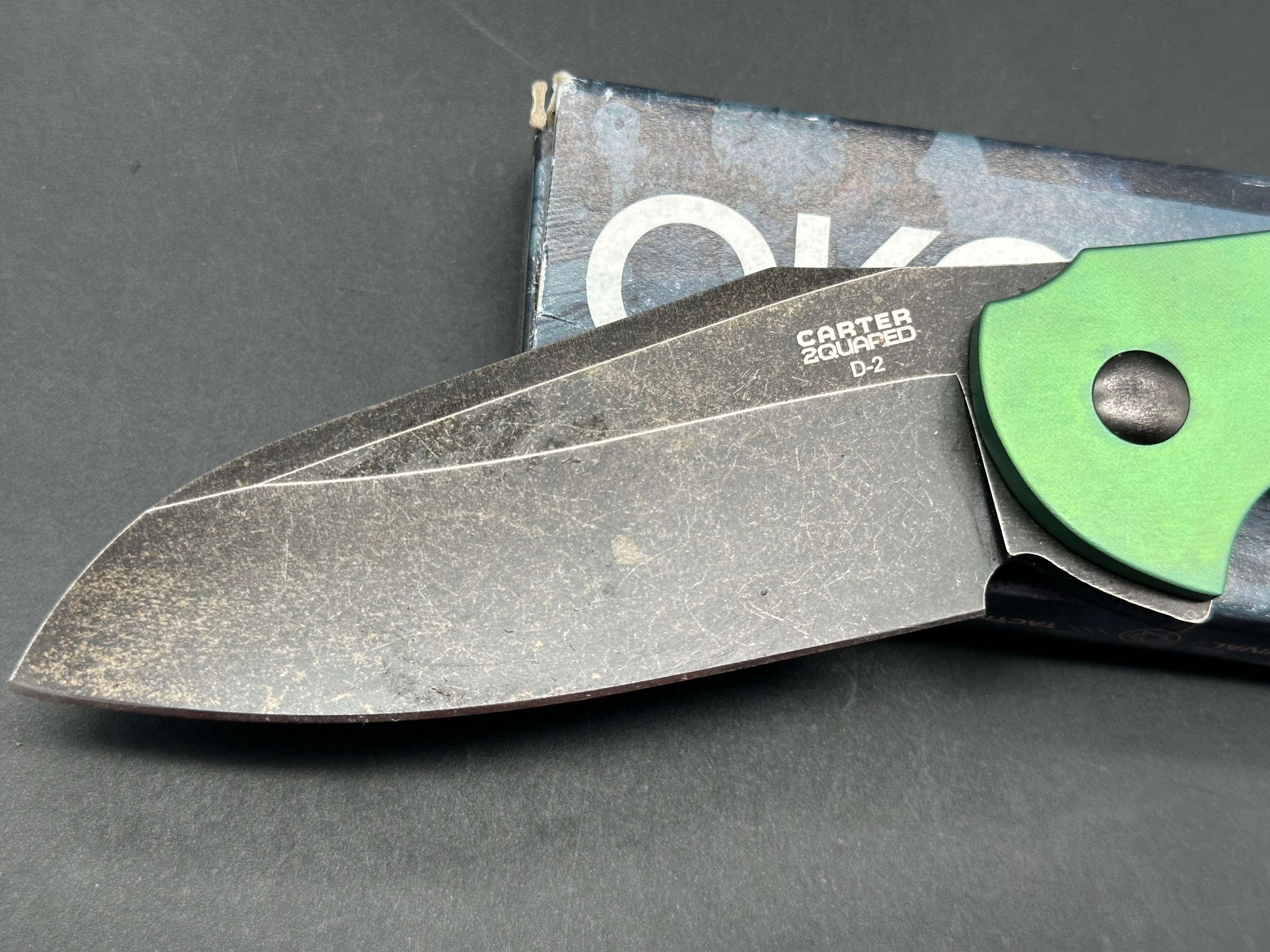Robert Carter OKC 2quared titanium handle with custom anno with D2 steel blade