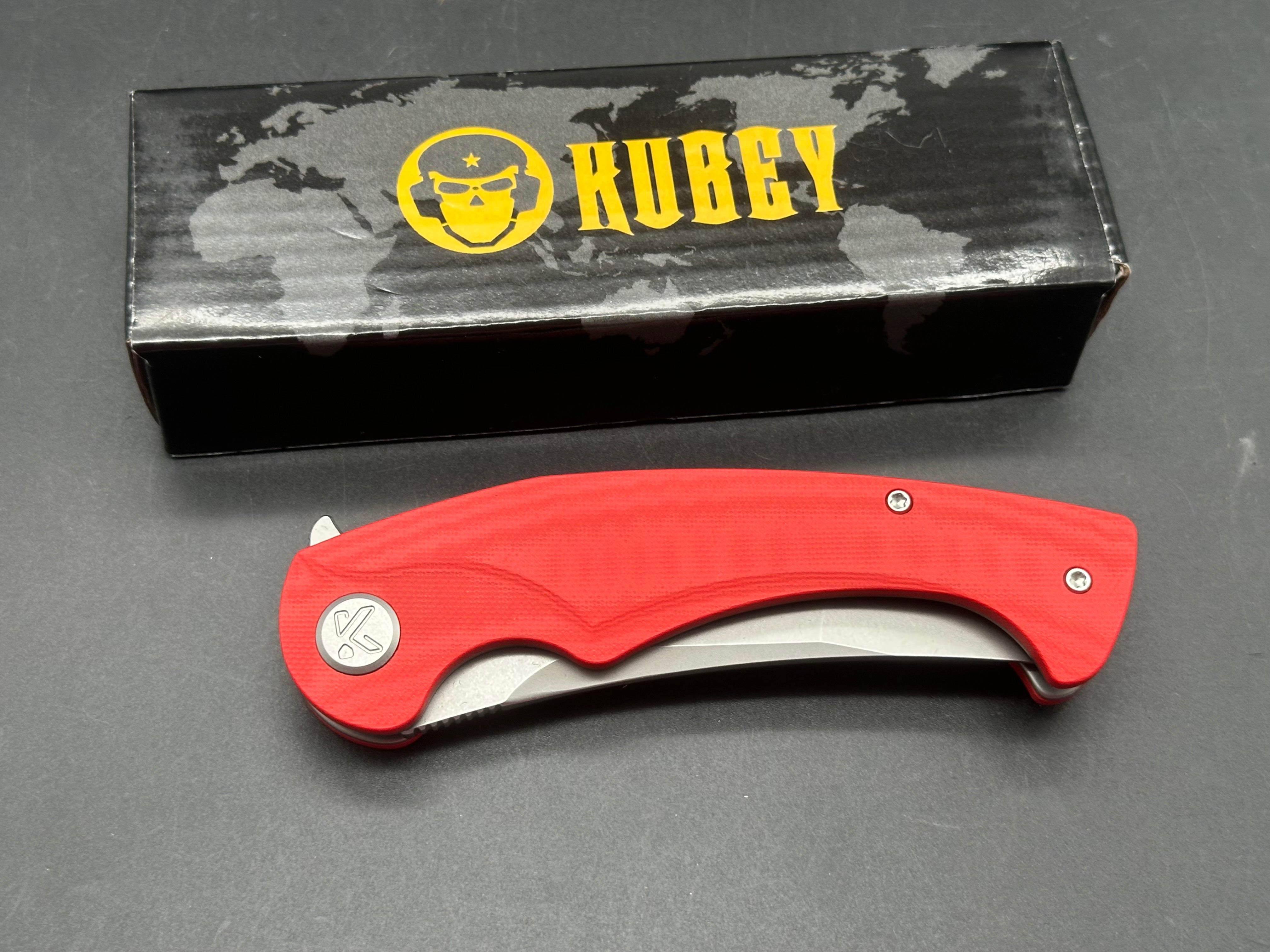 KUBEY SCIMITAR FOLDING KNIFE RED G10 HANDLE 14C28N TANTO PLAIN EDGE