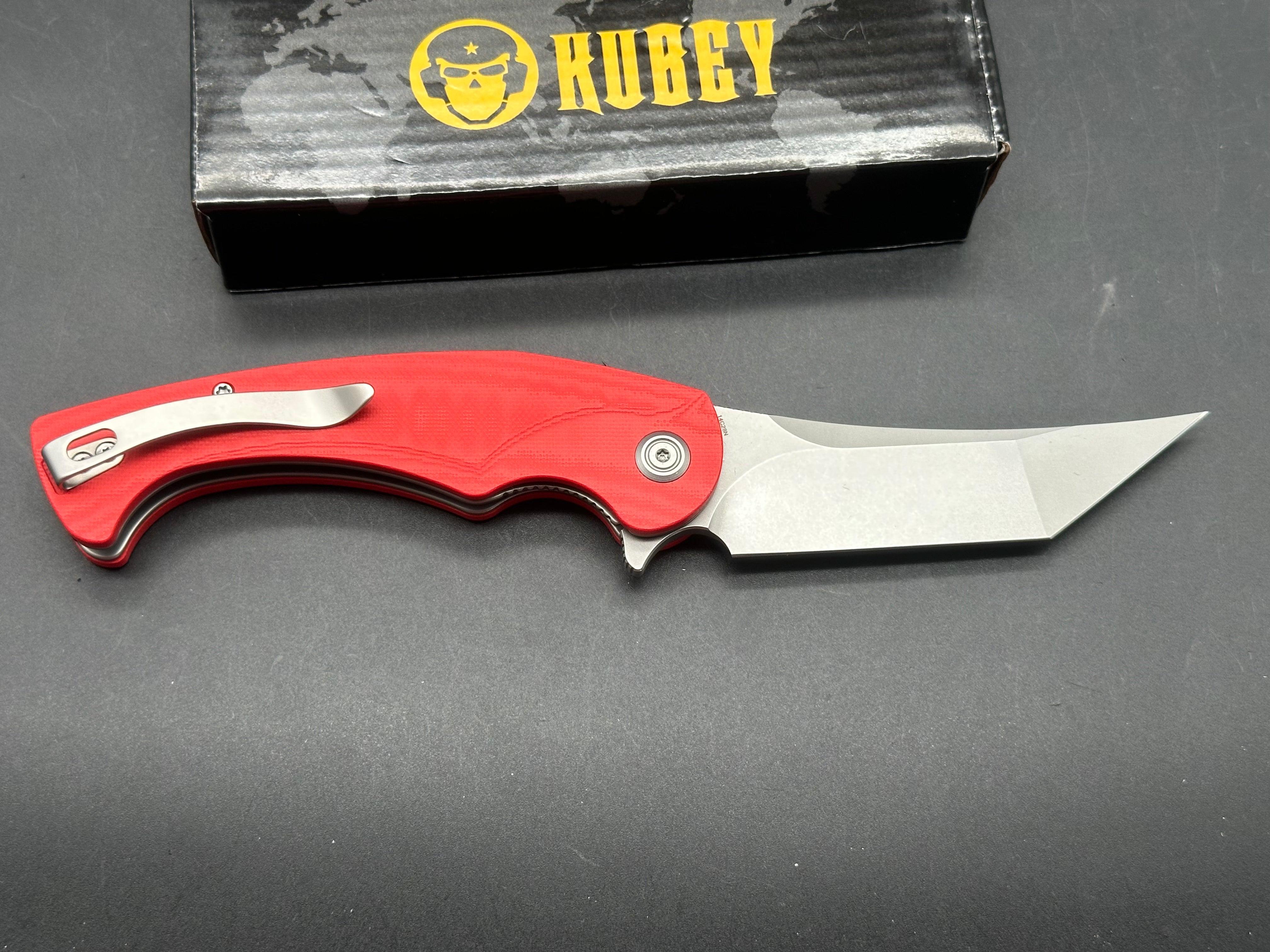 KUBEY SCIMITAR FOLDING KNIFE RED G10 HANDLE 14C28N TANTO PLAIN EDGE